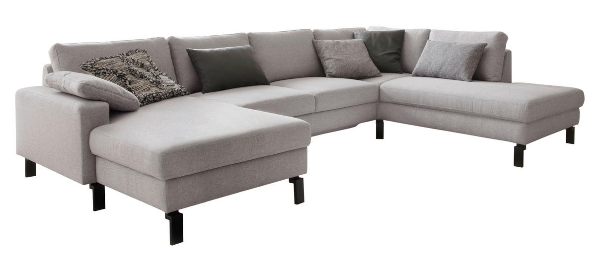 WOHNLANDSCHAFT Hellgrau Flachgewebe  - Hellgrau/Schwarz, Design, Textil/Metall (162/336/220cm) - Hom`in