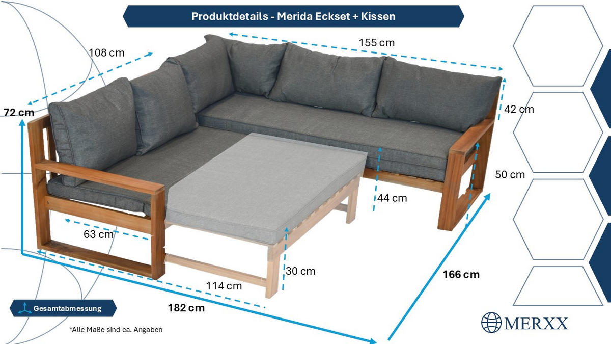 LOUNGE GARNITURA akacija masivno  - siva/naravne barve, Moderno, les (182/166/72cm) - Gardenson