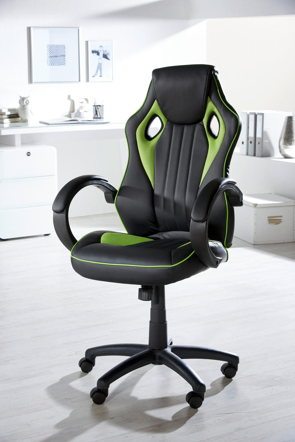 CHAISE GAMING aspect cuir, revêtement filet vert, noir  - vert/noir, Design, métal/matière synthétique (61,5/111-121/66cm) - Carryhome