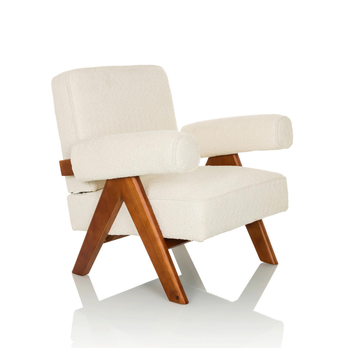 LOUNGESESSEL Bouclé Weiß    - Weiß/Braun, MODERN, Holz/Textil (75/74/75cm) - MID.YOU