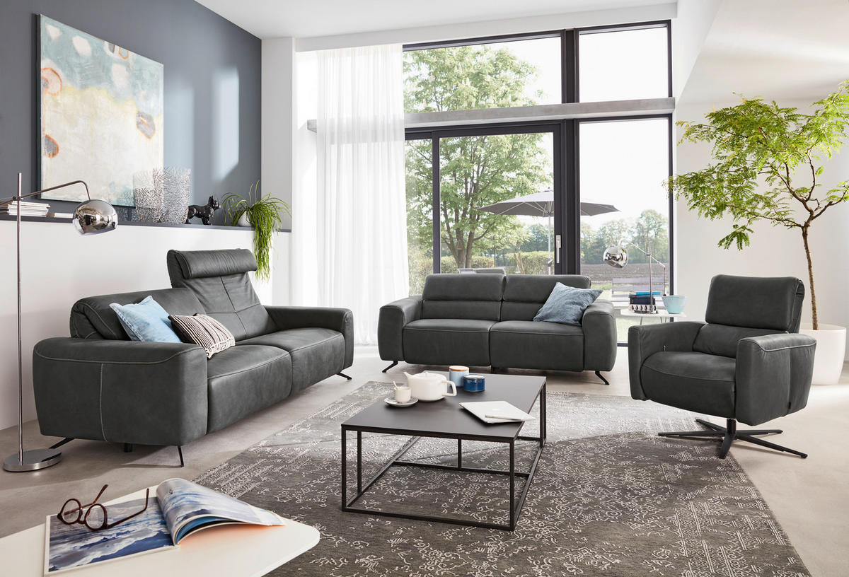 3-SITZER-SOFA Echtleder Graphitfarben  - Beige/Schwarz, Design, Leder/Metall (232/82/96cm) - Musterring