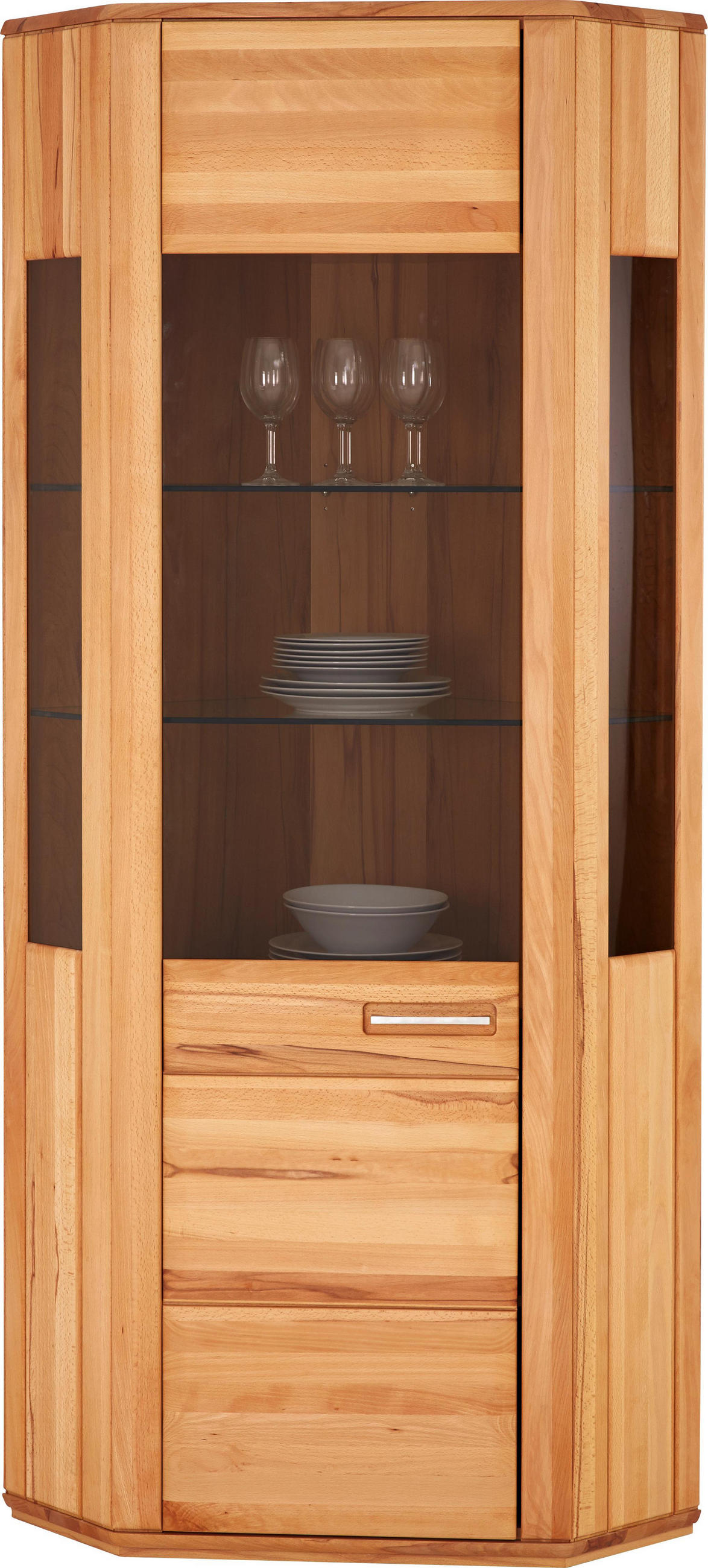 Eckvitrine in teilmassiv Kernbuche Buchefarben