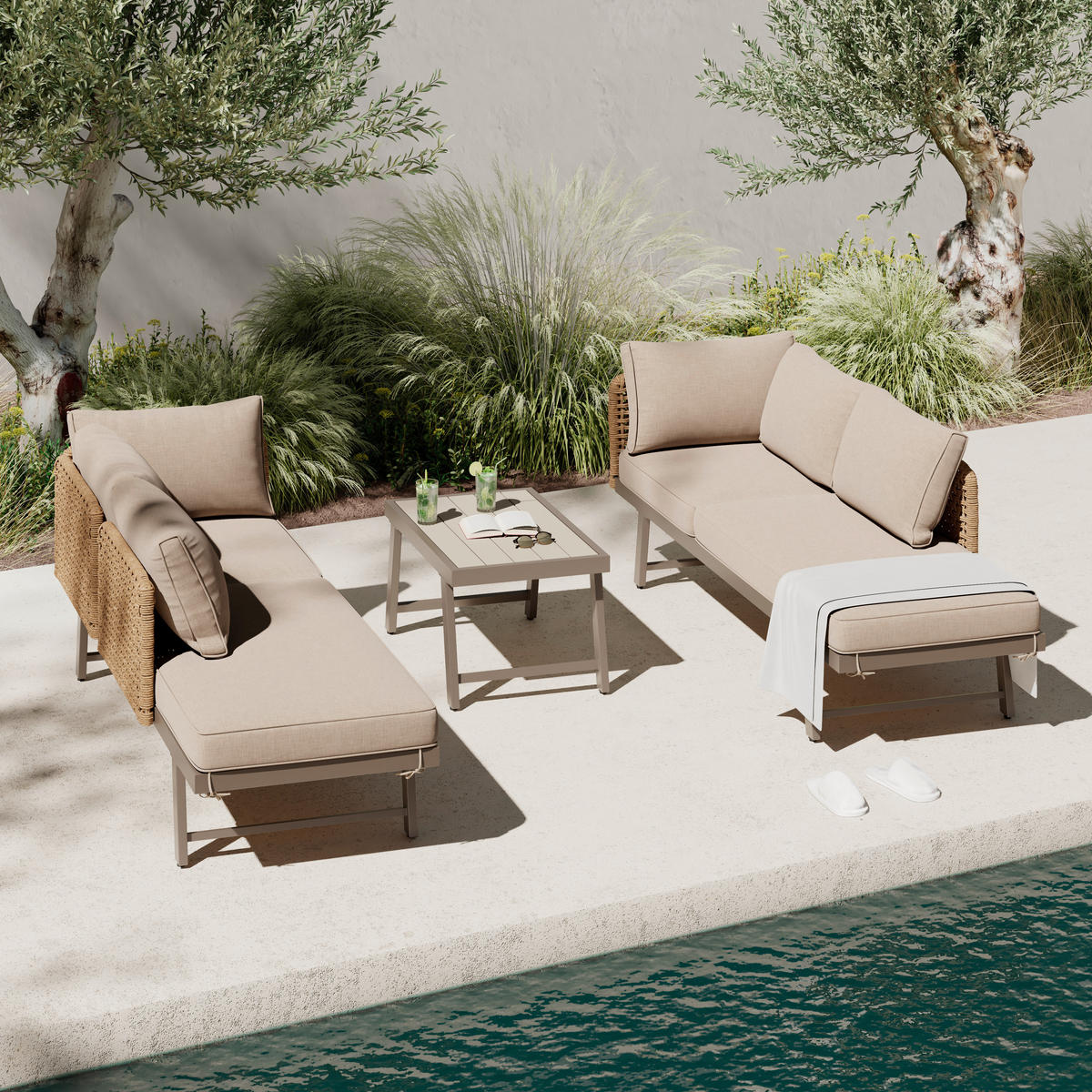 LOUNGE GARNITURA ogljikovo jeklo  - bežrjava/rumena, Moderno, kovina/umetna masa (200/67/68cm) - Beldano