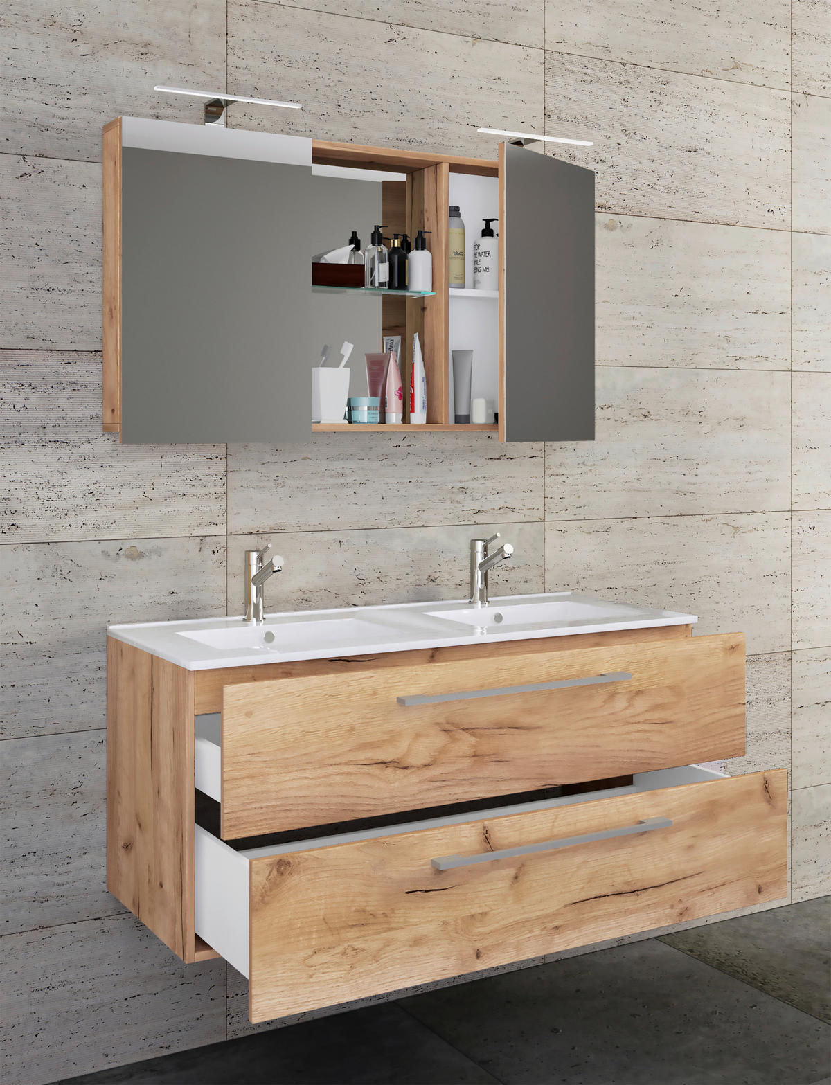 BADEZIMMER 3-teilig  in 112 cm  - Honigeiche/Alufarben, MODERN, Keramik/Holzwerkstoff (112cm) - MID.YOU