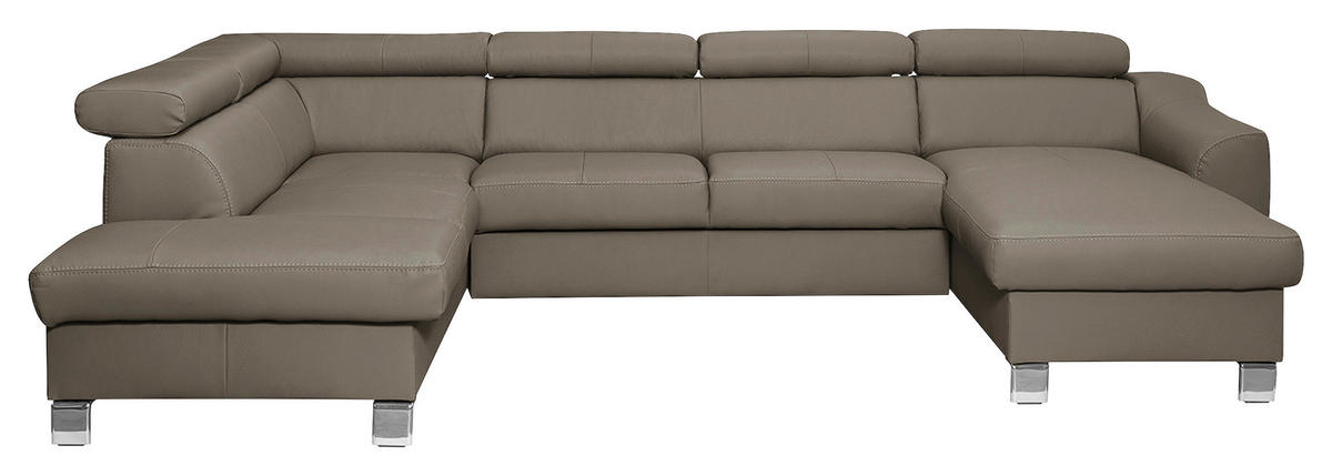WOHNLANDSCHAFT in Lederlook Echtleder Taupe  - Taupe/Chromfarben, Design, Leder/Textil (208/315/175cm) - Livetastic