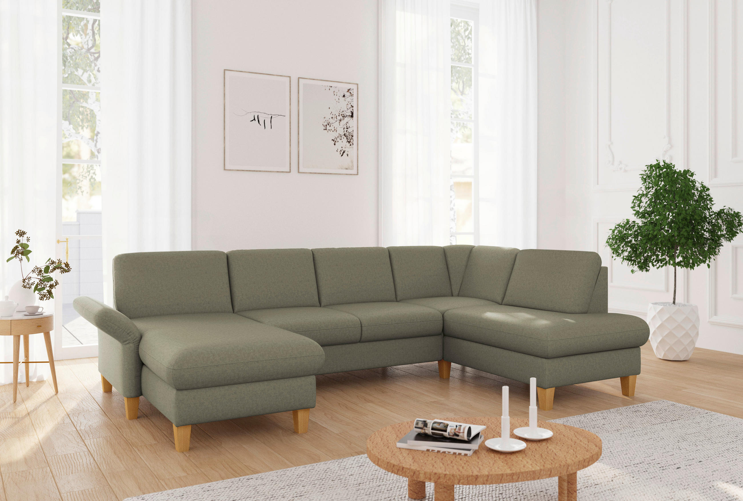 WOHNLANDSCHAFT Olivgrün Flachgewebe  - Eichefarben/Olivgrün, KONVENTIONELL, Holz/Textil (164/314/195cm) - Sit & More