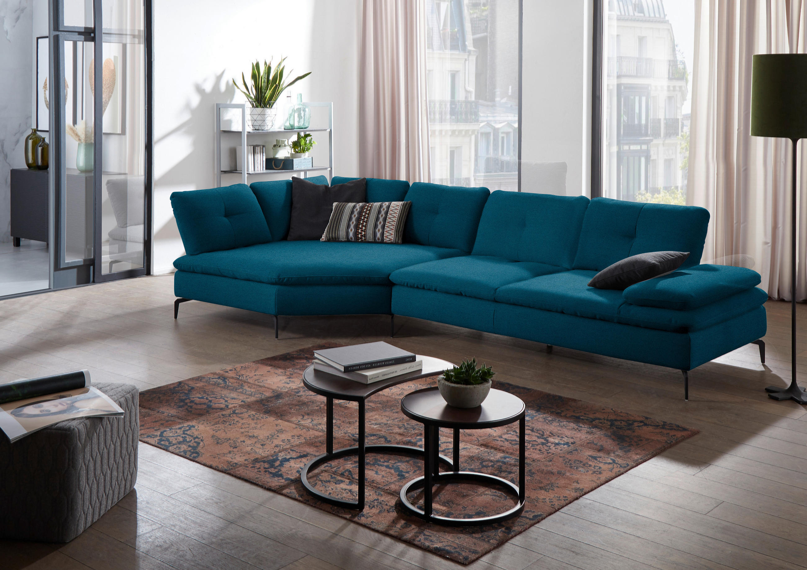 ECKSOFA in Flachgewebe Dunkelblau  - Schwarz/Dunkelblau, Design, Textil/Metall (157/344cm) - Chilliano