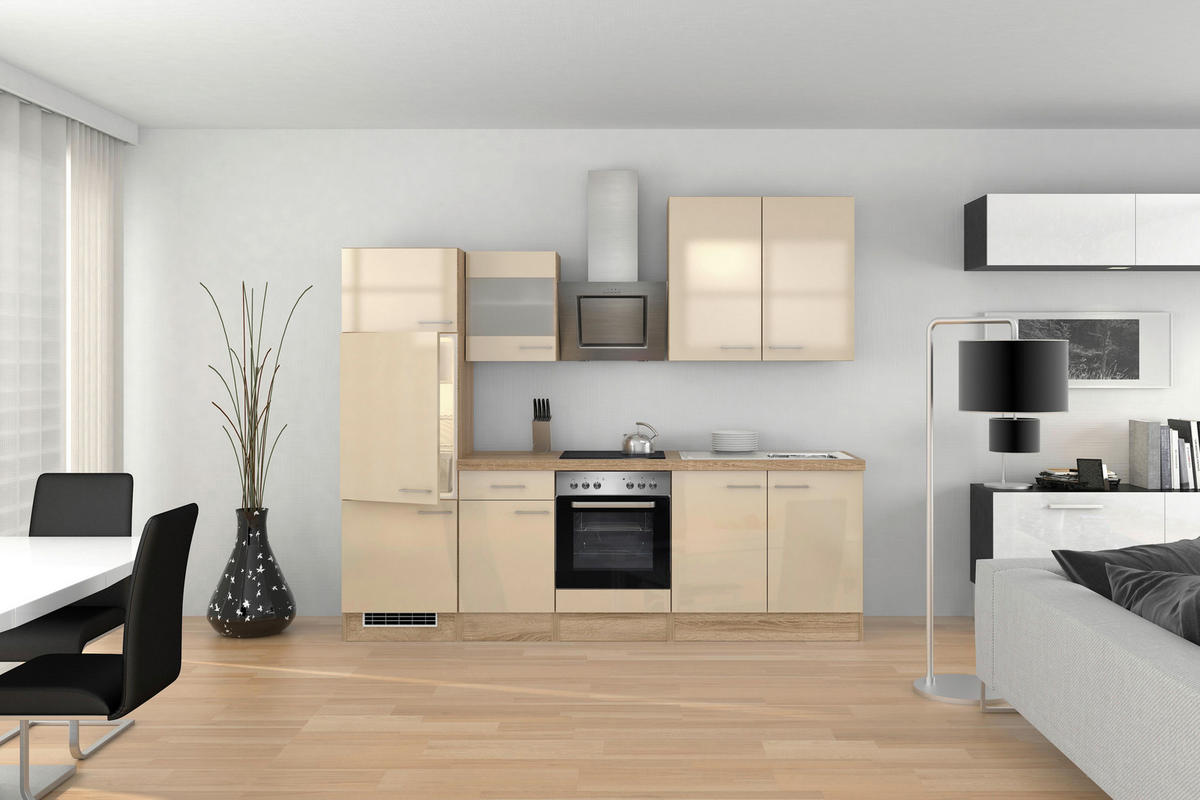 KÜCHENBLOCK 270 cm   in Kaschmir  - Kaschmir/Edelstahlfarben, MODERN, Glas/Holzwerkstoff (270cm) - FlexWell