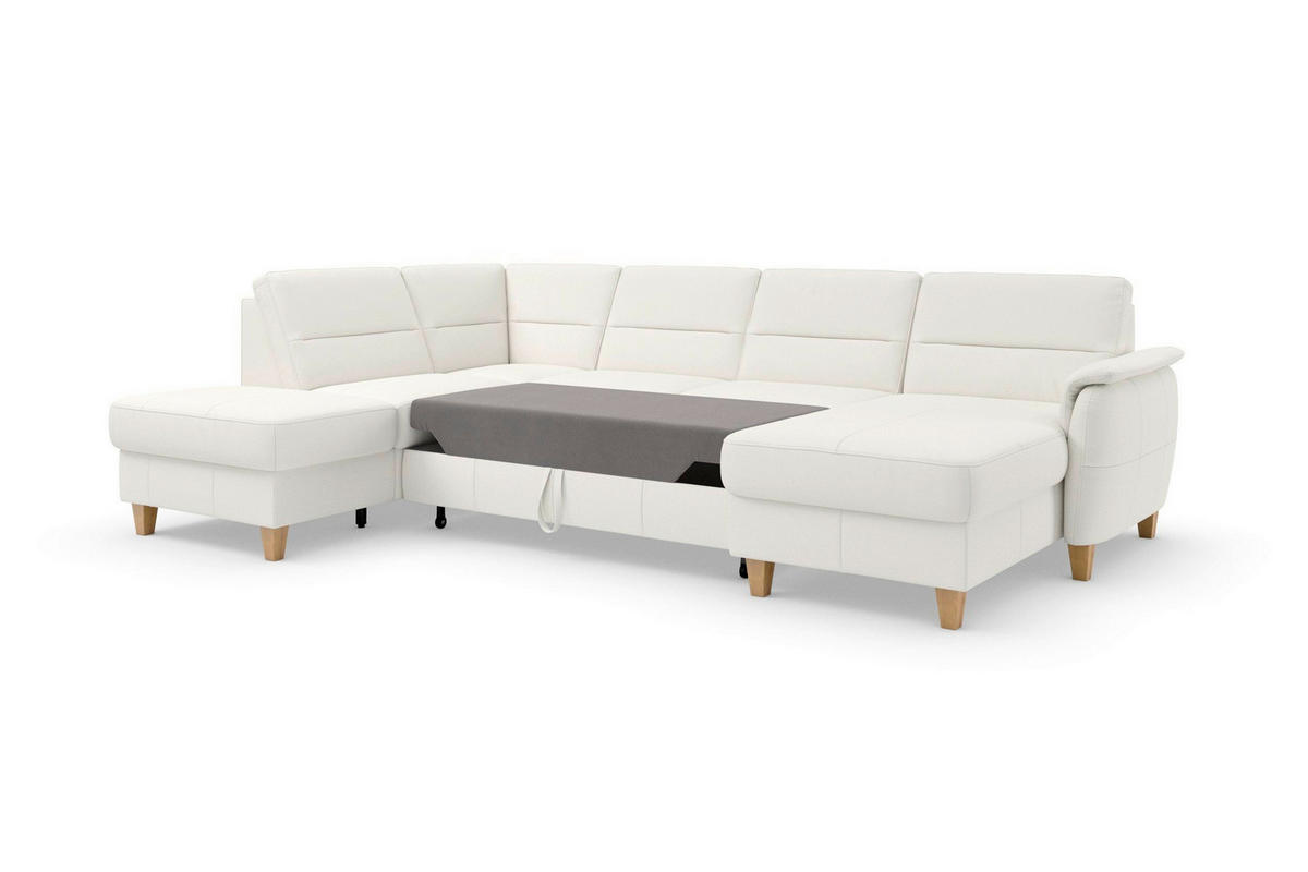 WOHNLANDSCHAFT PALMERA E in Mikrofaser Kombination Echtleder/Stoff Weiß  - Eichefarben/Weiß, Basics, Leder/Holz (212/308/163cm) - Sit & More