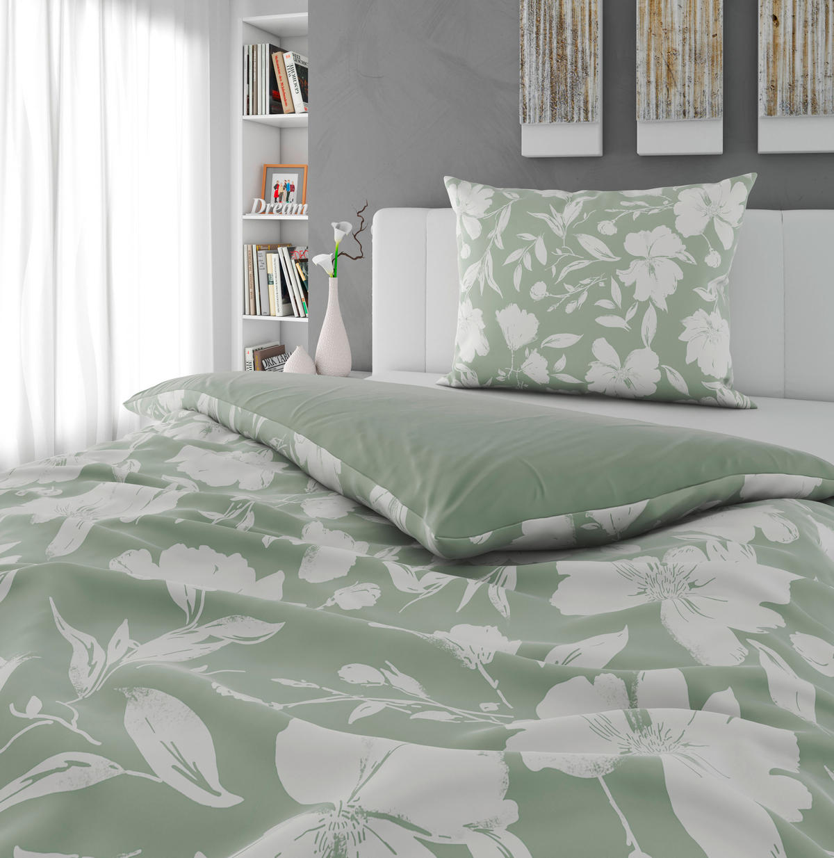 WENDEBETTWÄSCHE Mavie Satin 140/200 cm  - Weiß/Grün, KONVENTIONELL, Textil (140/200cm) - Novel