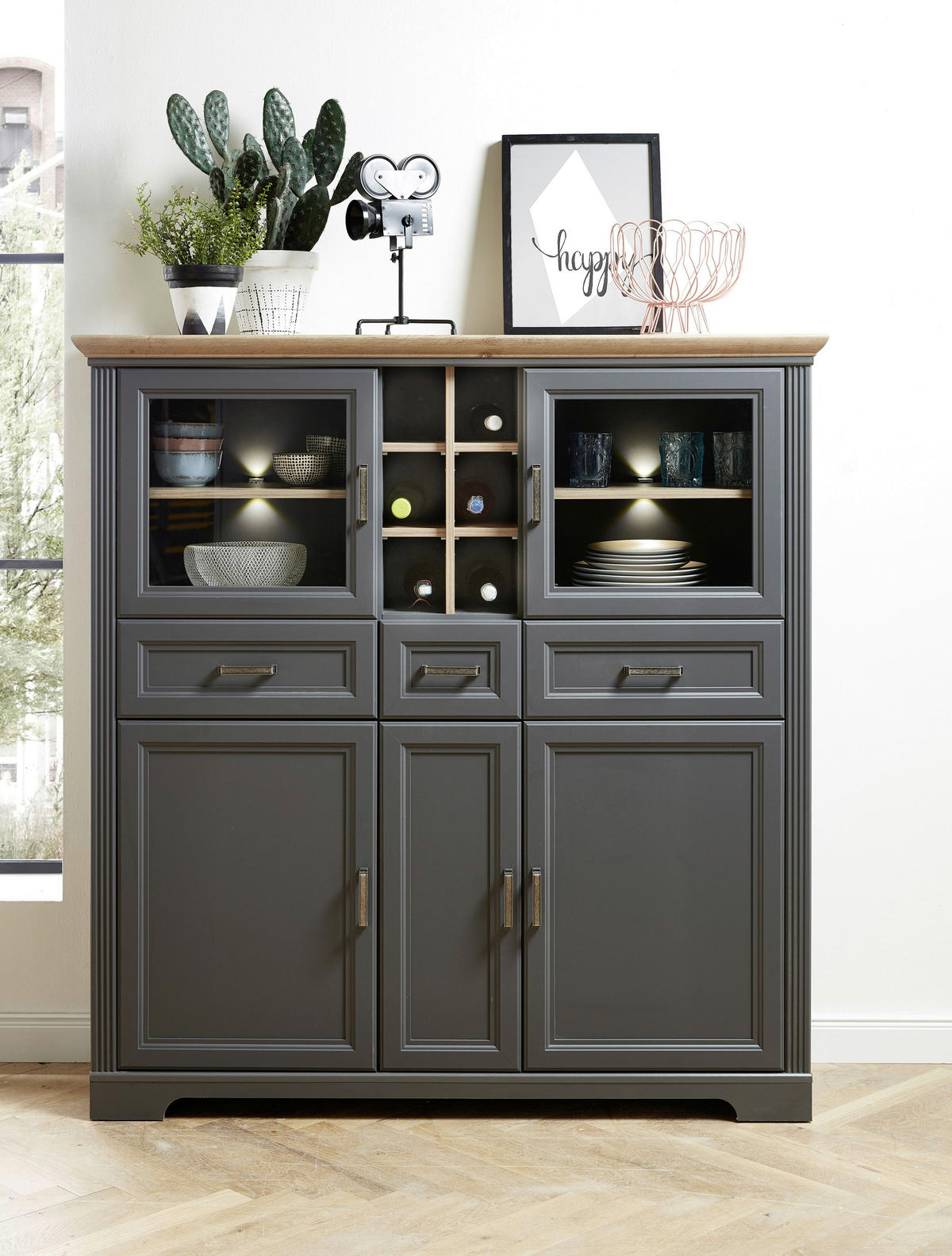 HIGHBOARD  in 143/150/42 cm  - Graphitfarben/Eiche Artisan, ROMANTIK / LANDHAUS, Holzwerkstoff/Metall (143/150/42cm) - Hom`in