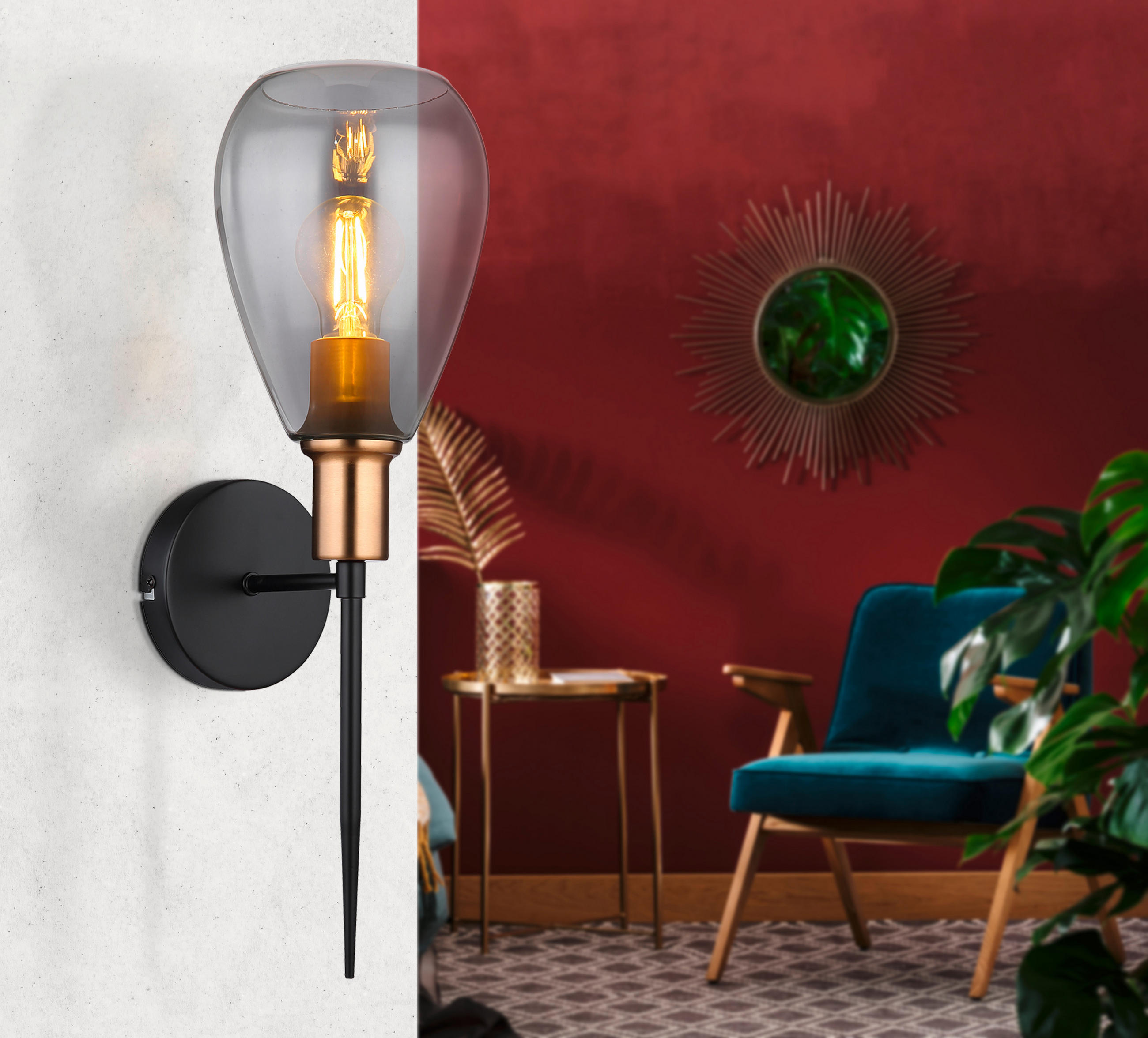 STENSKA SVETILKA  Fanni ///230 V/E27 - siva/črna, Design, kovina/steklo (15/19/48cm) - Globo