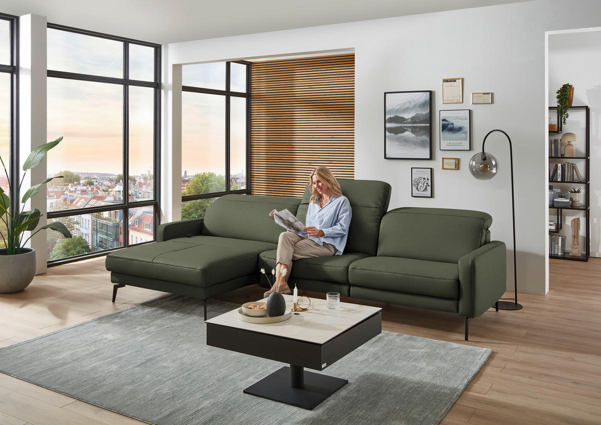 ECKSOFA  Echtleder Graugrün  - Schwarz/Graugrün, Design, Leder/Metall (179/323cm) - Dieter Knoll