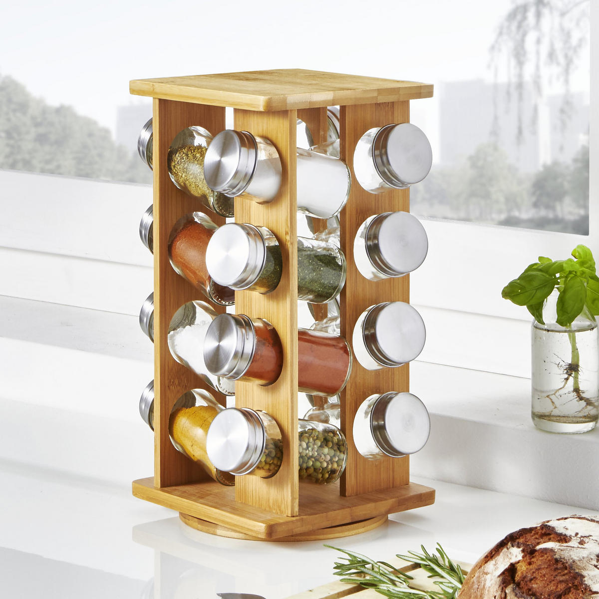 FORGATHATÓ FŰSZERTARTÓ ÁLLVÁN - barna, Basics, Üveg/fa (15,3/15,3/30,3cm) - Justinus