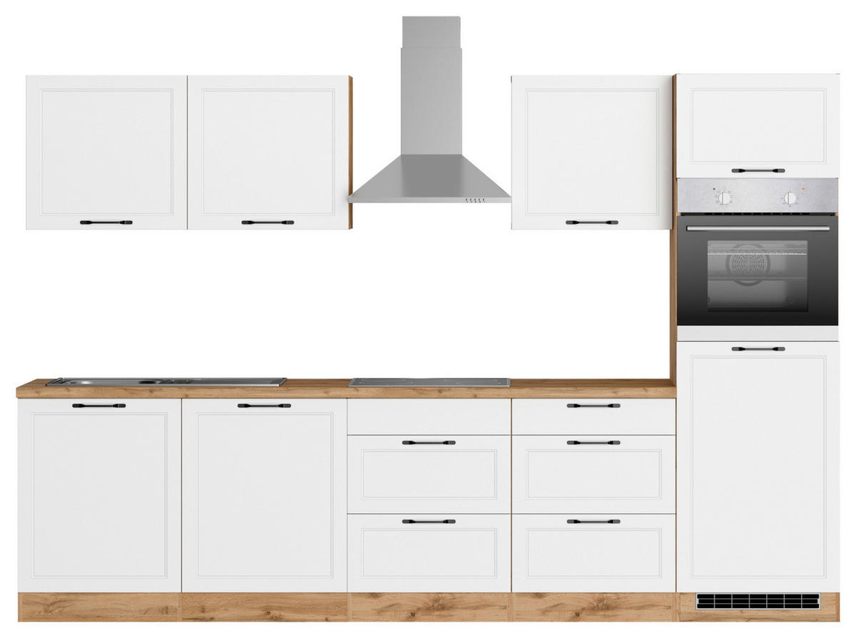 KÜCHENBLOCK 300 cm   in Eiche Wotan, Weiß  - Eiche Wotan/Schwarz, LIFESTYLE, Holzwerkstoff/Metall (300cm) - Held