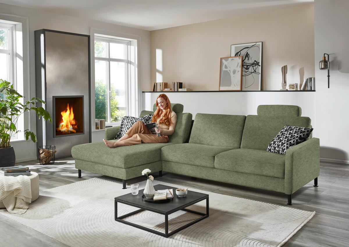 ECKSOFA  in Chenille, Flachgewebe Olivgrün  175/316 cm  - Schwarz/Olivgrün, Design, Textil/Metall (175/316cm) - Dieter Knoll