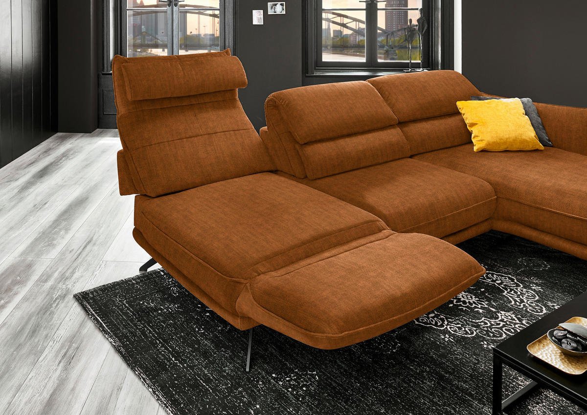 ECKSOFA in Velours Cognac  283/153 cm  - Cognac/Schwarz, Design, Textil/Metall (283/153cm) - Valdera