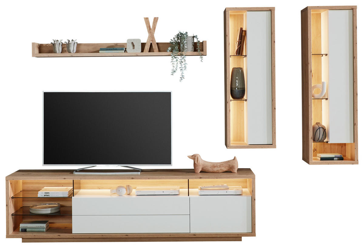 WOHNWAND  in Weiss, Eiche Artisan 300/183,6/42 cm  - Weiss/Eiche Artisan, Design, Glas/Holzwerkstoff (300/183,6/42cm) - Stylife