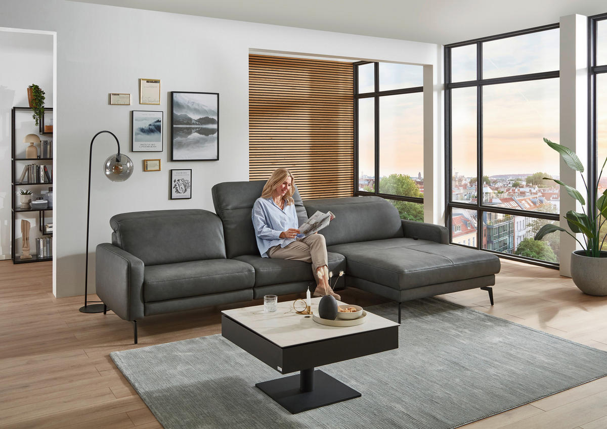 ECKSOFA  in Echtleder Anthrazit  323/179 cm  - Anthrazit/Schwarz, Design, Leder/Metall (323/179cm) - Dieter Knoll