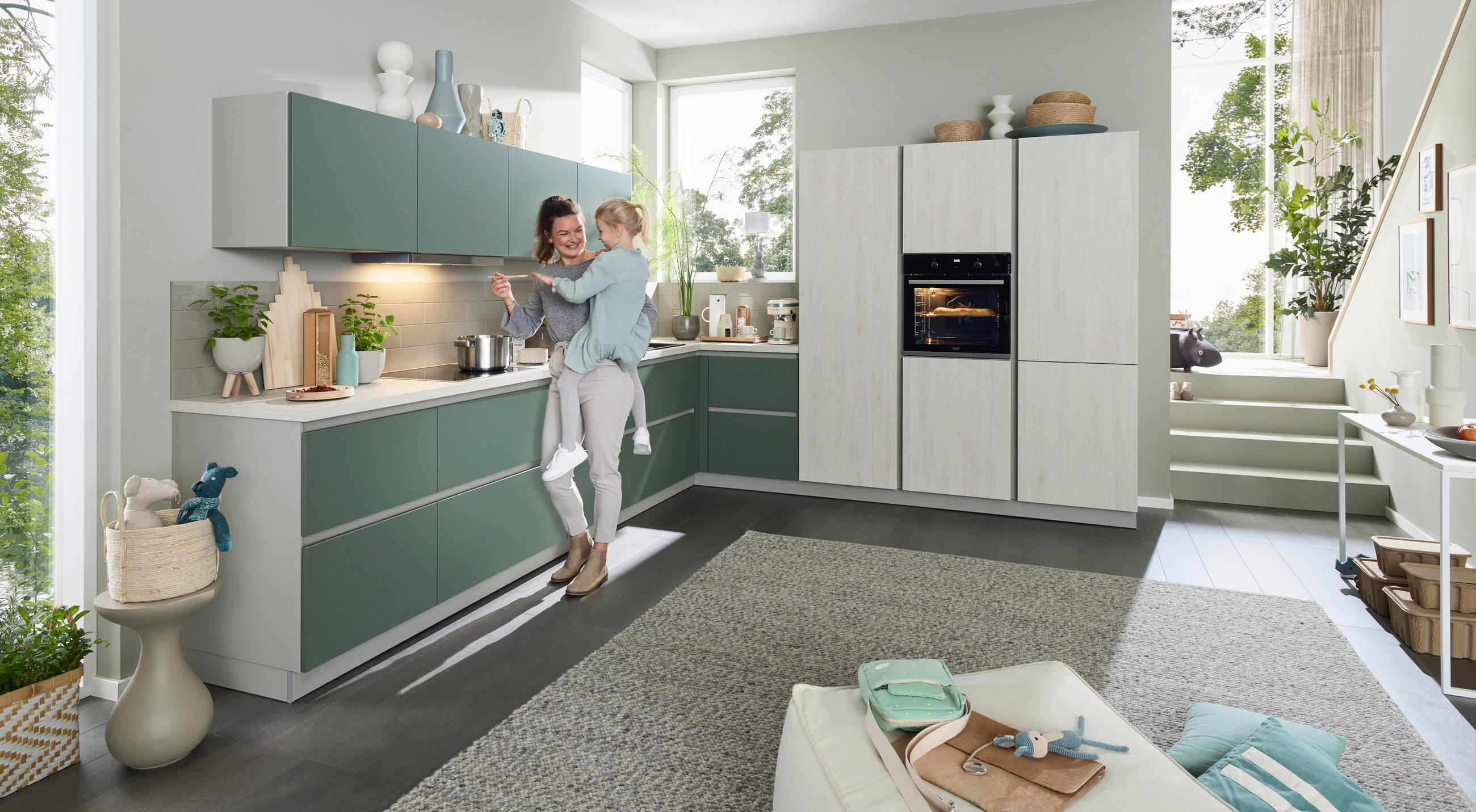 EINBAUKÜCHE   - Eiche Bianco/Grün, Design, Holzwerkstoff - Novel