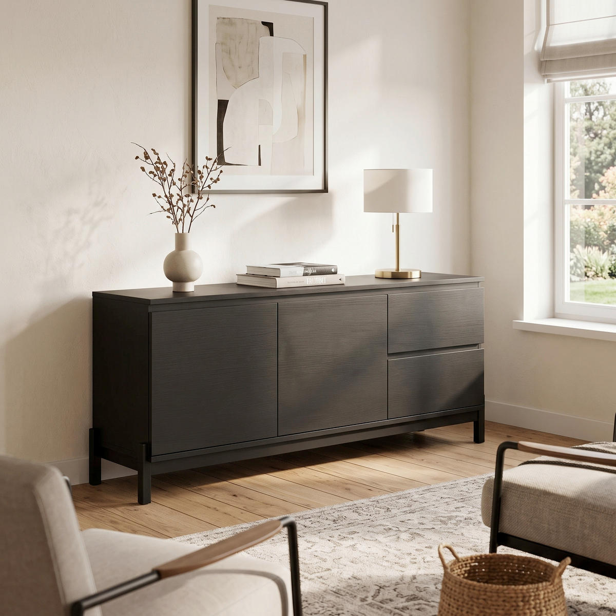 SIDEBOARD  135/56/40 cm 2 Schublade(n)  - Schwarz, Design, Holzwerkstoff/Metall (135/56/40cm) - Livetastic