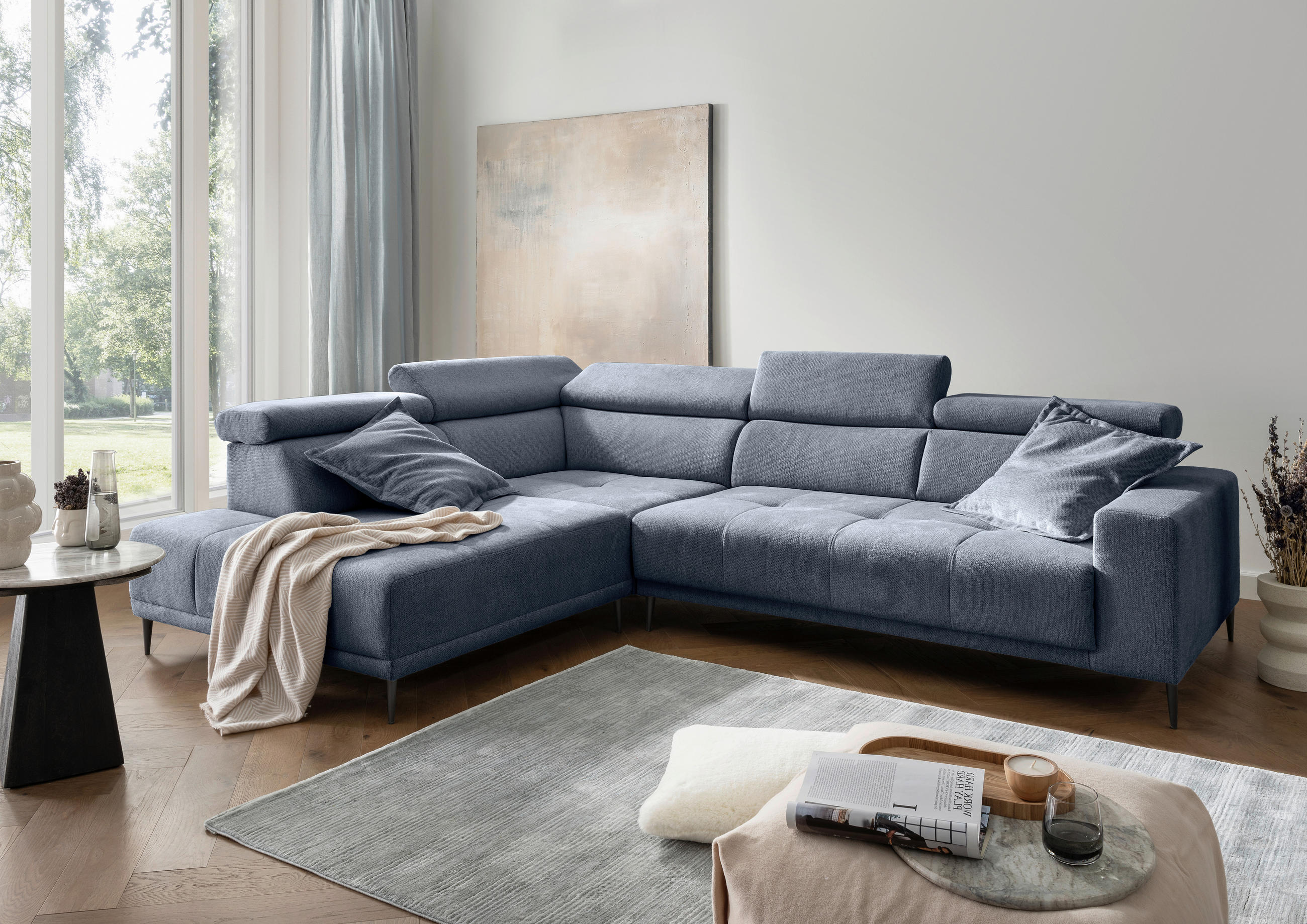 ECKSOFA Chenille Hellblau  - Schwarz/Hellblau, Konventionell, Textil/Metall (225/305cm) - Livetastic