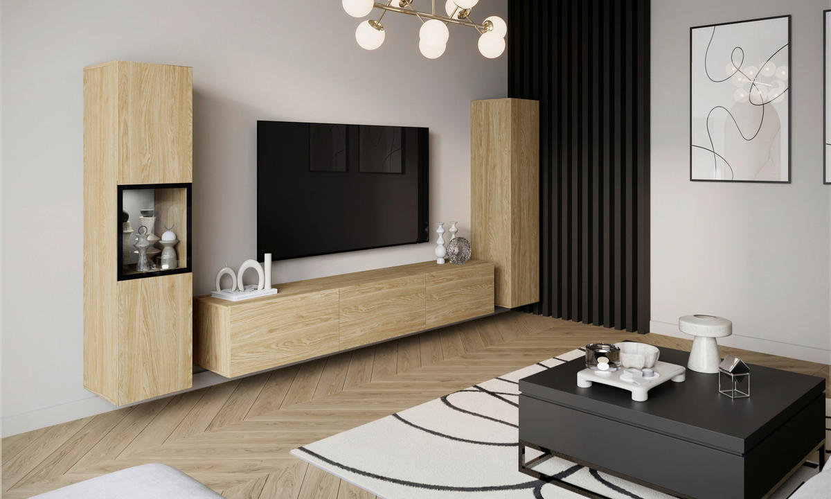 WOHNWAND Berlin 3-teilig  in Eichefarben  240/130/31 cm   - Eichefarben/Grau, Design, Glas/Holzwerkstoff (240/130/31cm) - P & B
