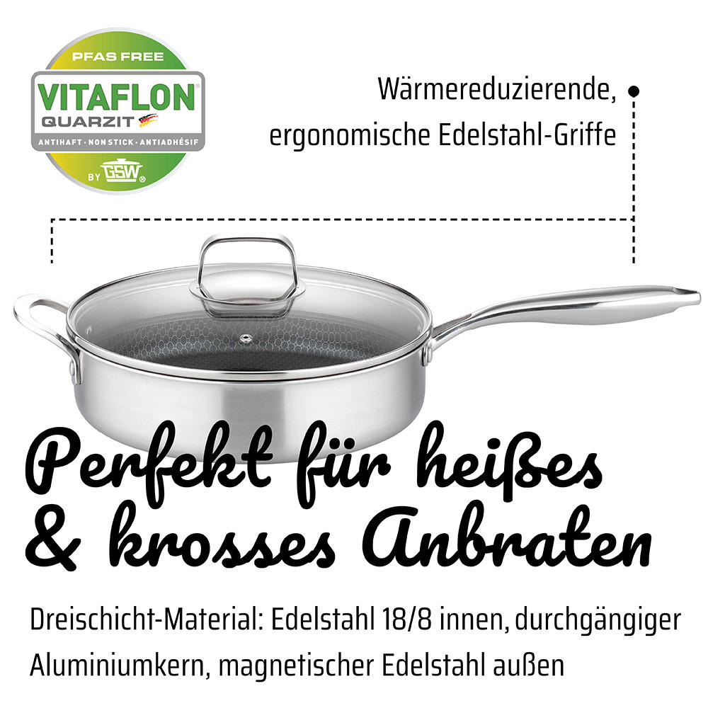 SCHMORPFANNE INOXXA BLACK Vitaflon® Quarzit Beschichtung 28 cm  - Edelstahlfarben/Transparent, Basics, Glas/Metall (28cm) - GSW