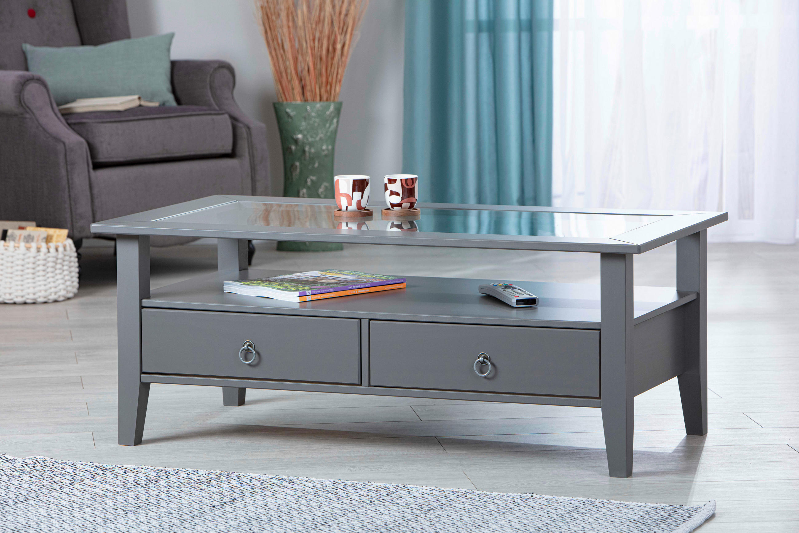 COUCHTISCH Kiefer massiv 115/60/45 cm Grau  - Silberfarben/Grau, Design, Glas/Holz (115/60/45cm) - Livetastic