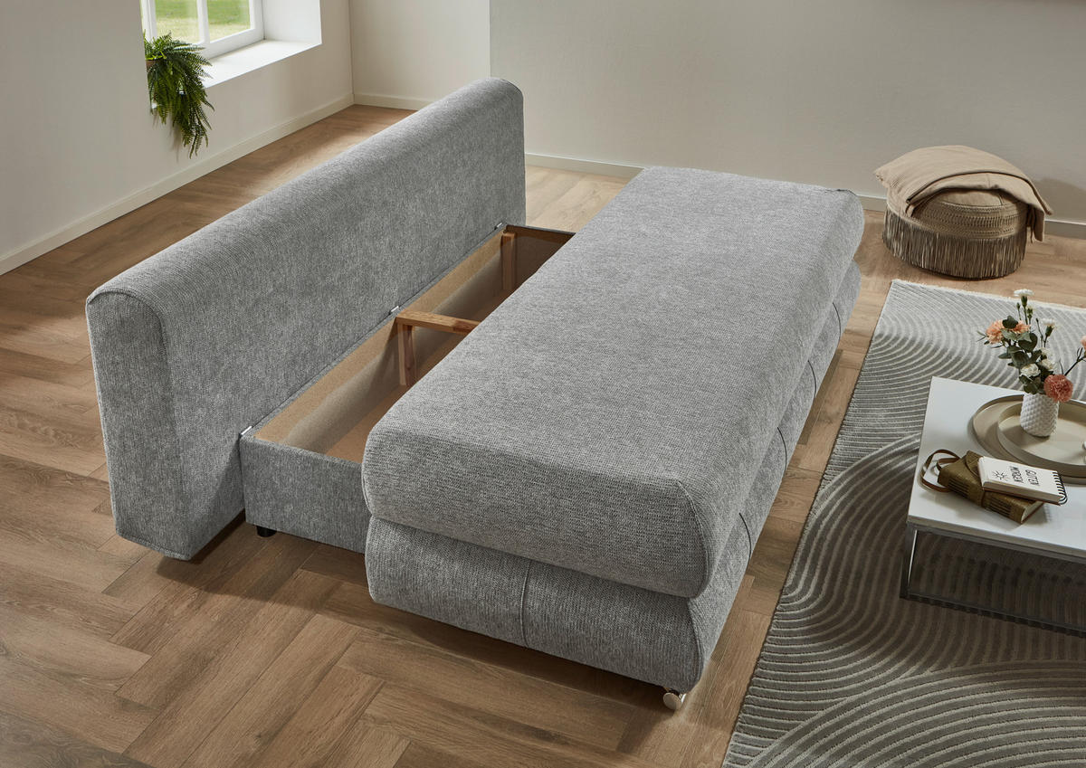SCHLAFSOFA Webstoff Grau  inkl. Rückenkissen, Armlehnenkissen, Bettkasten, Schlaffunktion, Rücken echt, Liegefläche im Originalstoff  - Edelstahlfarben/Grau, KONVENTIONELL, Textil/Metall (199/95/97cm) - Carryhome