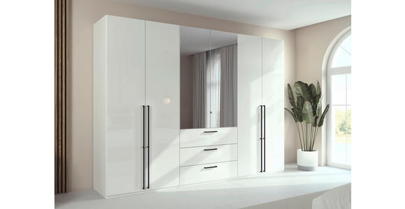 DREHTÜRENSCHRANK 301/235/61 cm,  in Weiß, Weiß Hochglanz, 6-türig  - Chromfarben/Weiß Hochglanz, Basics, Glas/Holzwerkstoff (301/235/61cm) - Novel