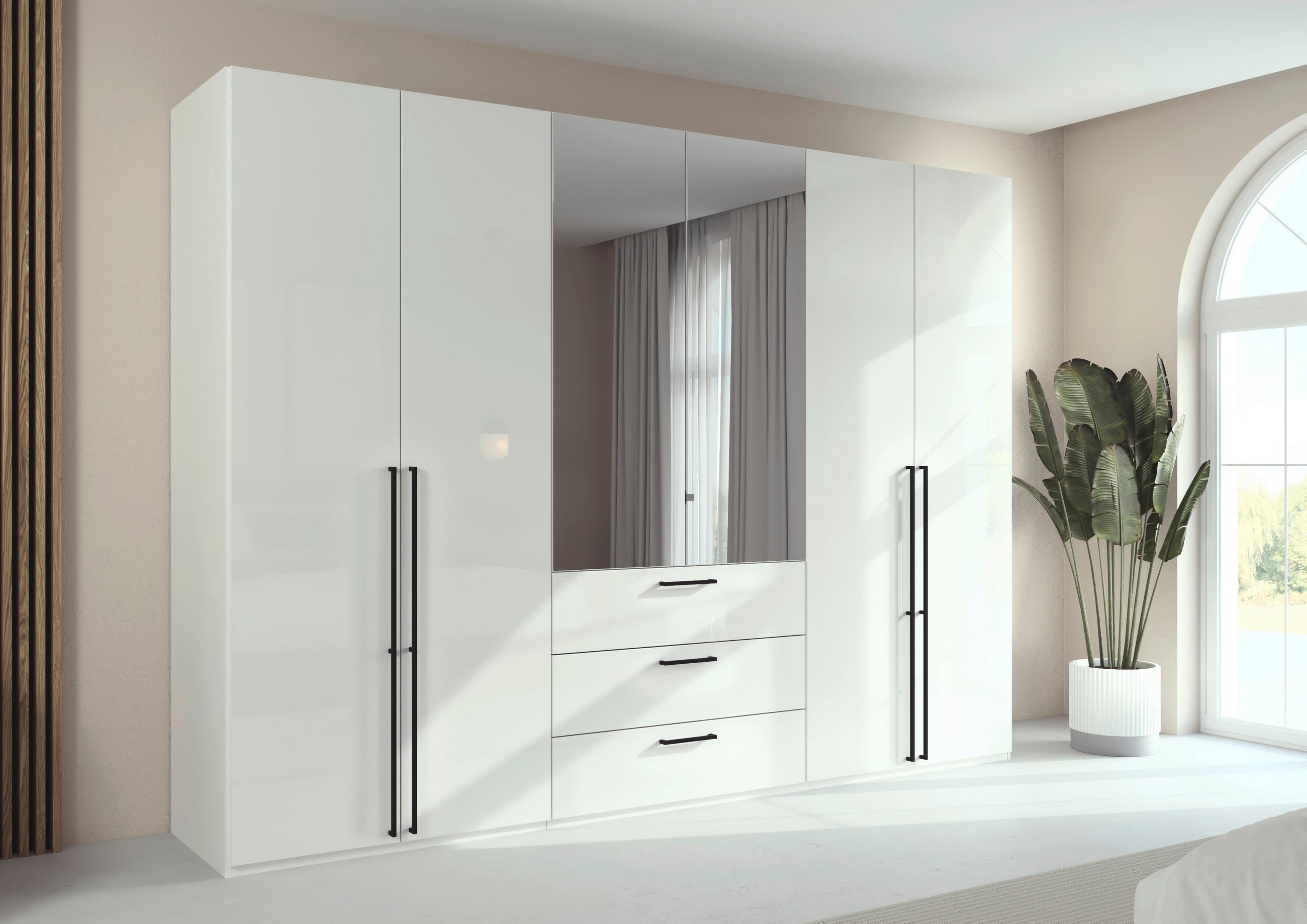 DREHTÜRENSCHRANK  in Weiß, Weiß Hochglanz  - Chromfarben/Weiß Hochglanz, Basics, Glas/Holzwerkstoff (301/235/61cm) - Novel