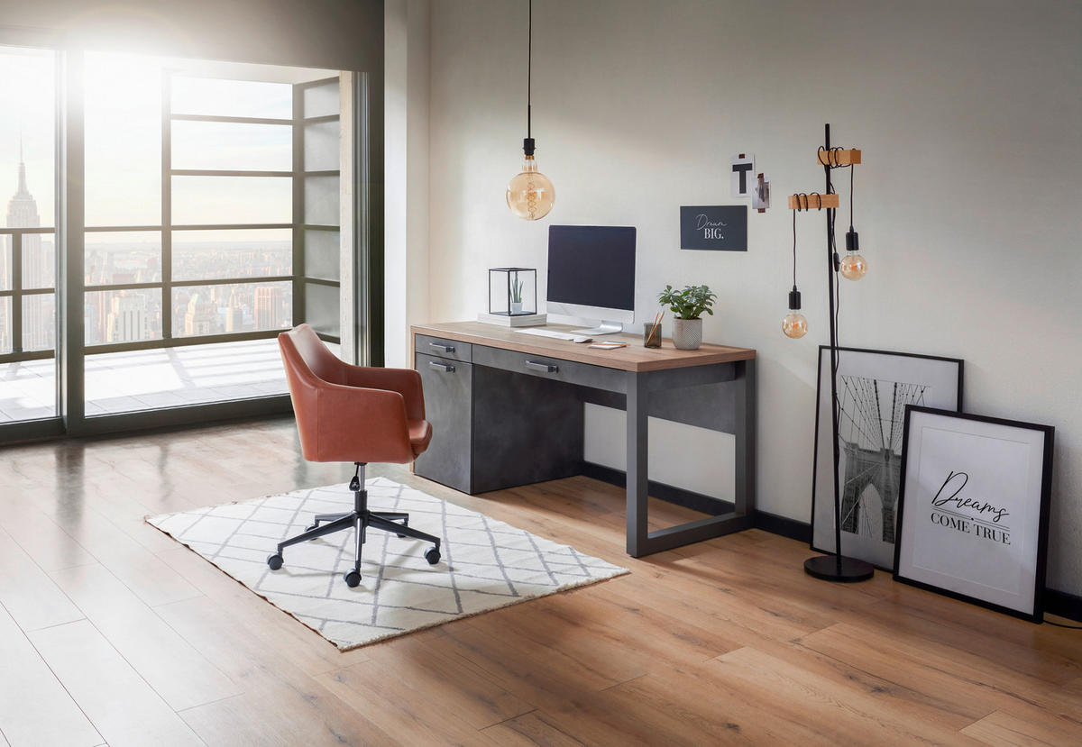 Birou in material pe bază de lemn  - culoare lemn stejar/gri, Trend, metal/material pe bază de lemn (170/69/76cm) - Stylife