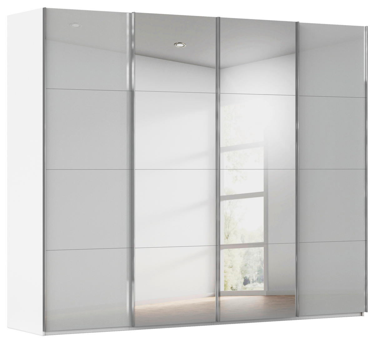 SCHWEBETÜRENSCHRANK 271/235/68 cm 4-türig Grau, Weiß  - Chromfarben/Weiß, Design, Glas/Holzwerkstoff (271/235/68cm) - Novel