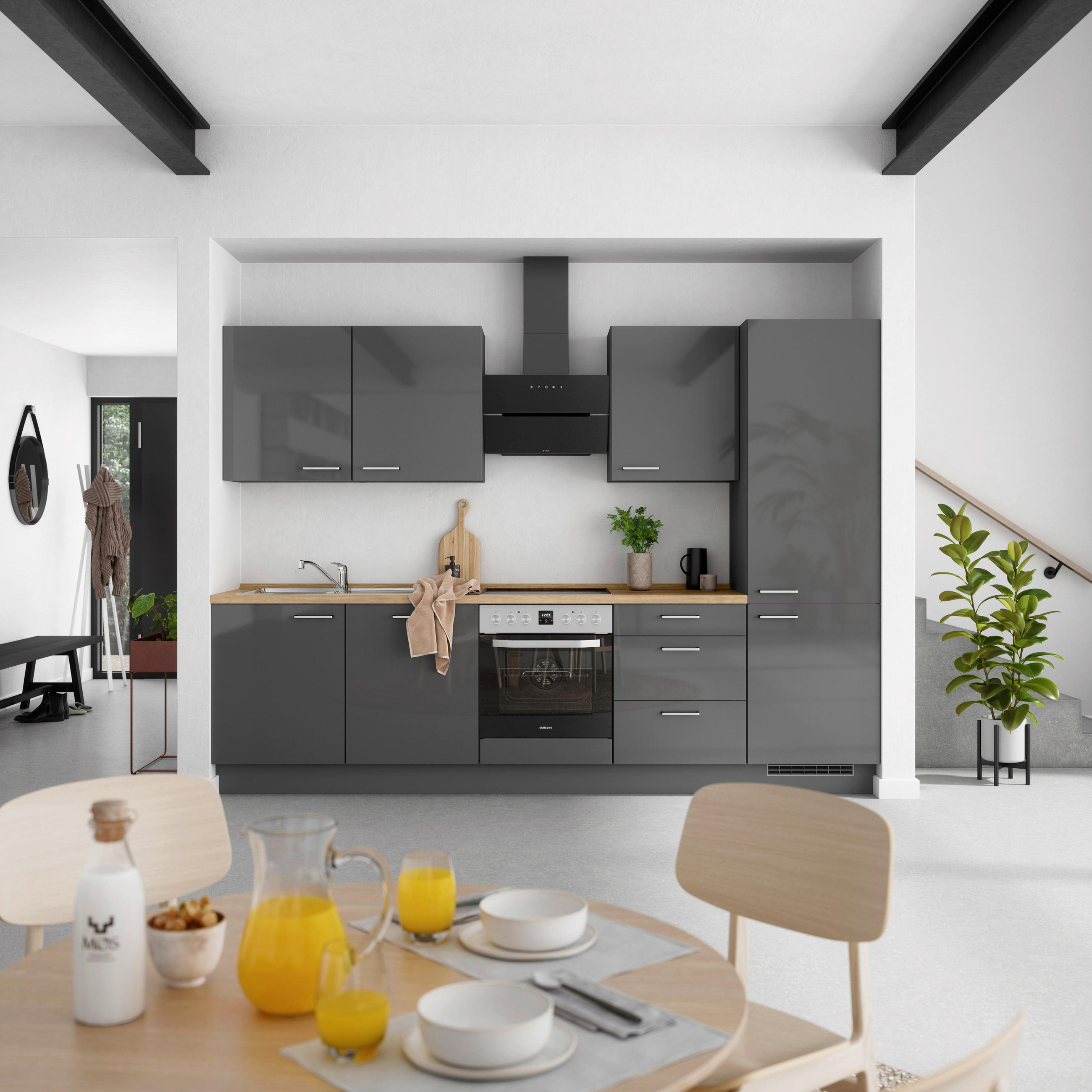 KÜCHENBLOCK Flash 300 cm  in Eichefarben, Schieferfarben  - Schieferfarben/Edelstahlfarben, MODERN, Holzwerkstoff/Metall (300cm) - Nobilia