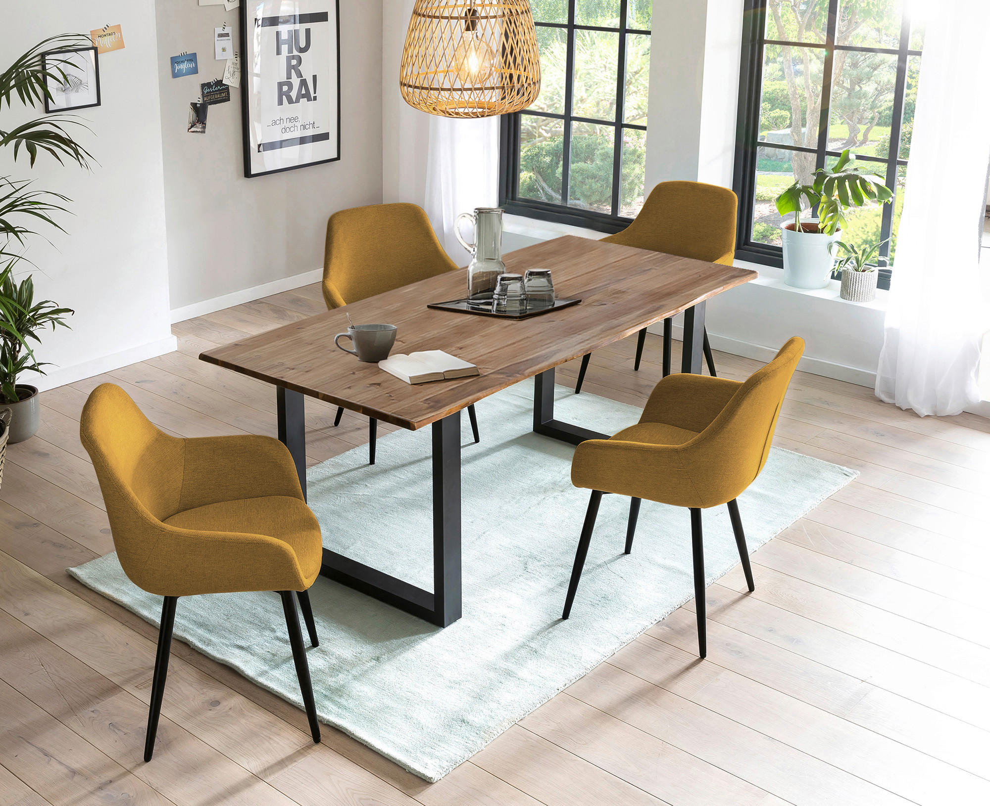 TISCHGRUPPE in Holz, Metall, Textil Gelb, Walnussfarben  - Gelb/Walnussfarben, MODERN, Holz/Textil (160/90/75cm) - Livetastic