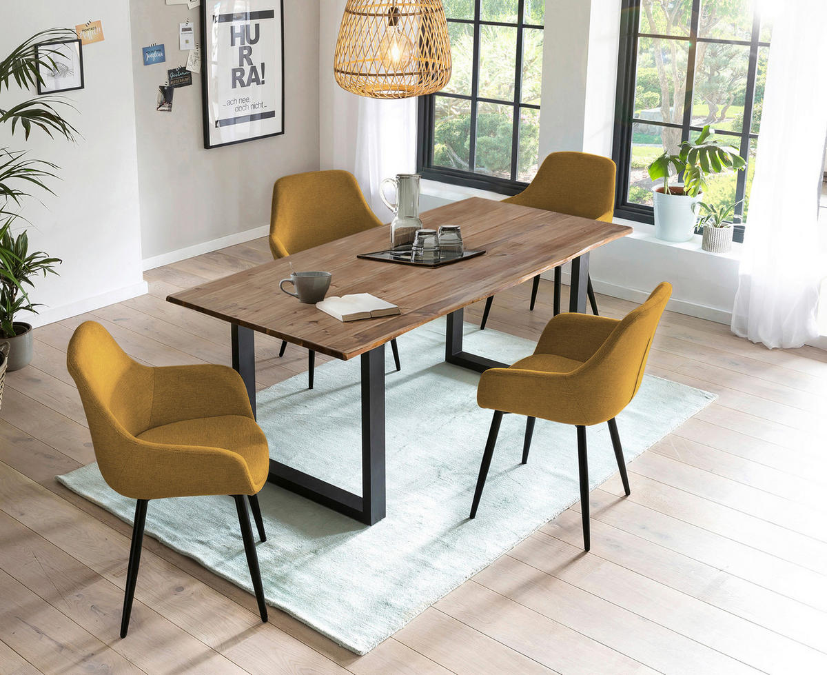 TISCHGRUPPE Struktur Akazie massiv Gelb, Walnussfarben  - Gelb/Walnussfarben, MODERN, Holz/Textil (160/90/75cm) - Livetastic