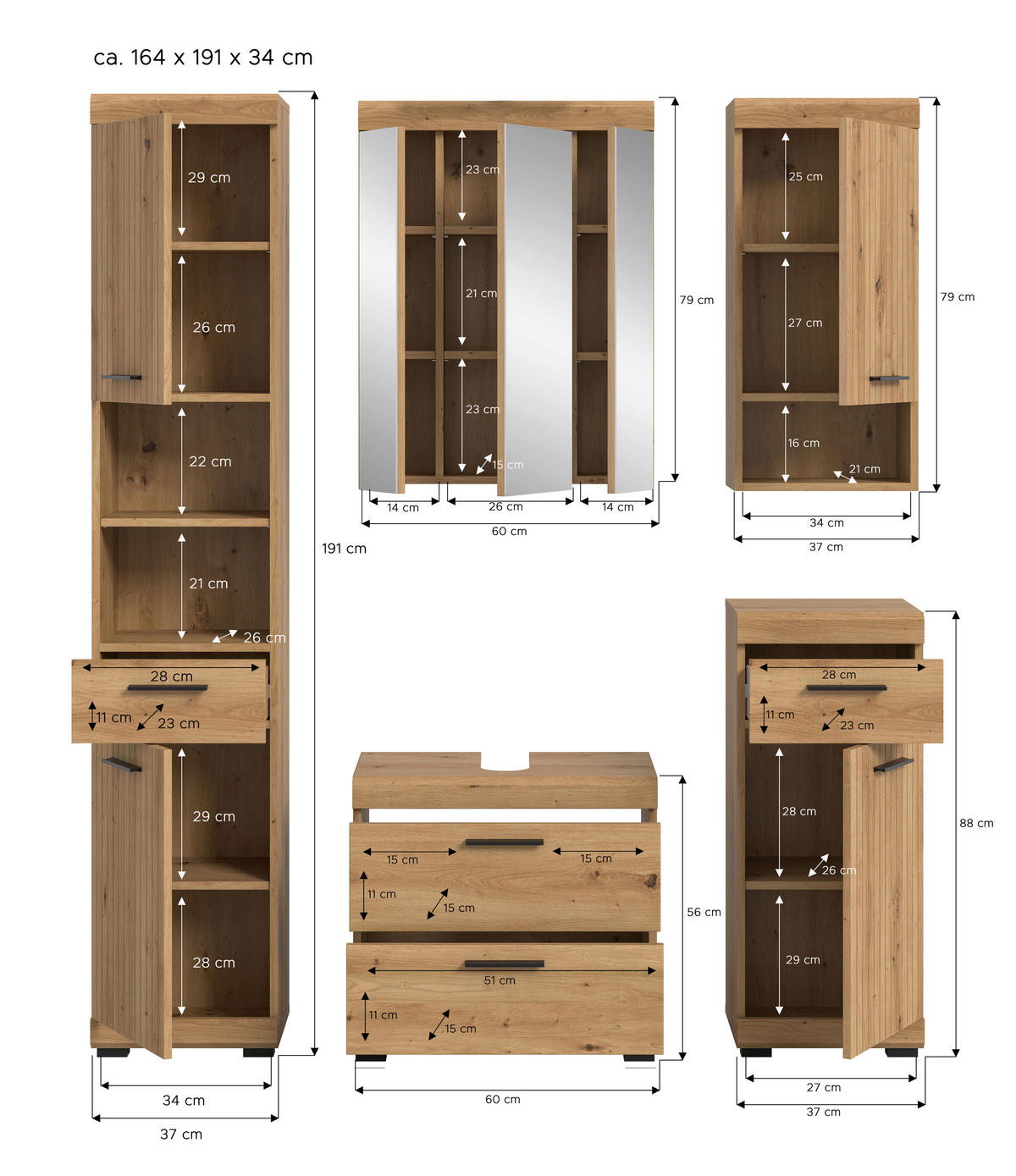 BADRUM 134 cm  - svart/ek Artisan, Trend, trämaterial/glas (134cm) - MID.YOU