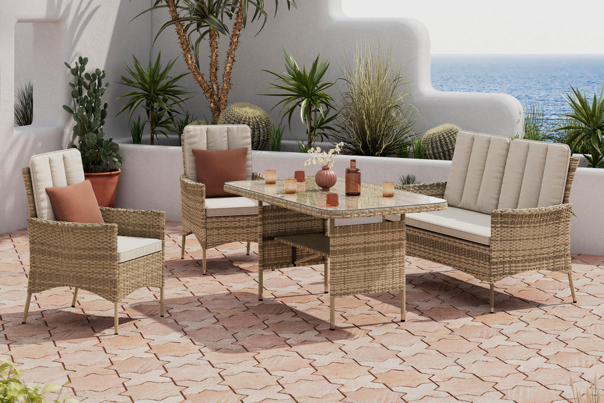 LOUNGE GARNITÚRA 4 részes    - bézs/natúr színű, Romantik / Landhaus, műanyag/Üveg - Ambia Garden