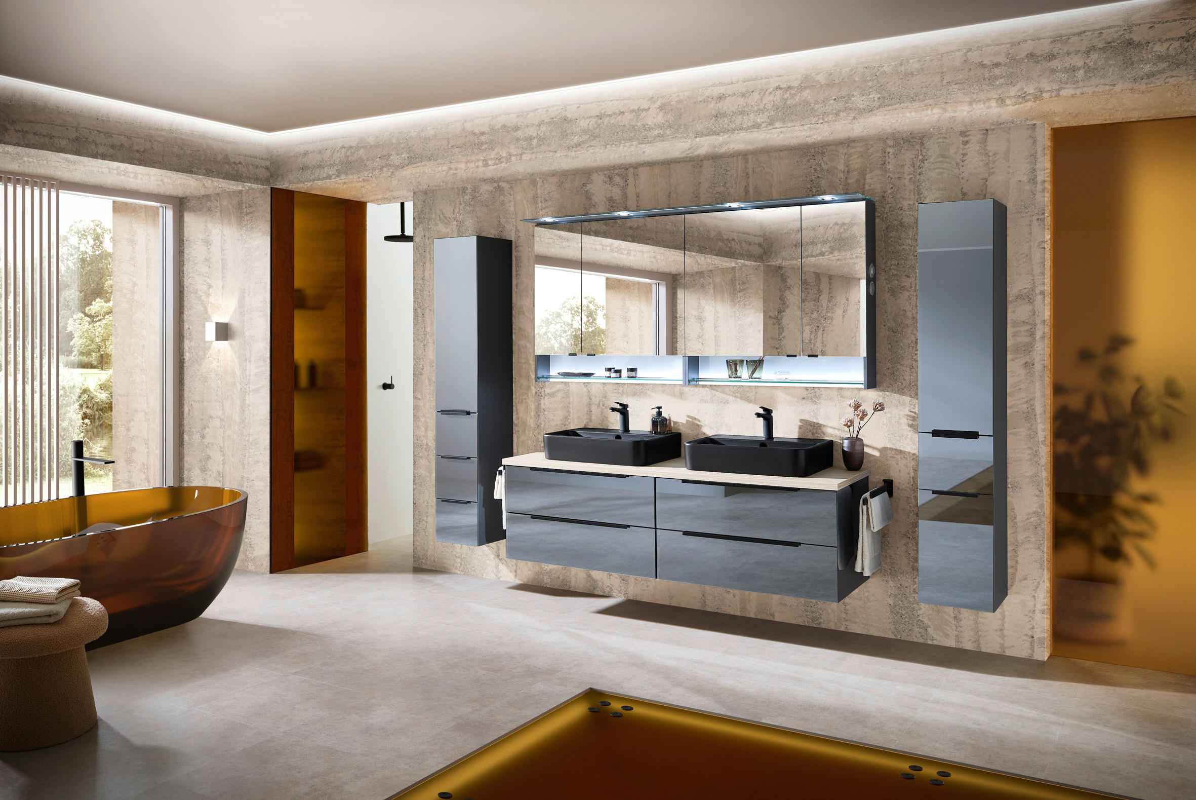 WASCHTISCHKOMBI 174 cm  - Eichefarben/Schwarz, Design, Glas/Keramik (174cm) - Leonardo Living
