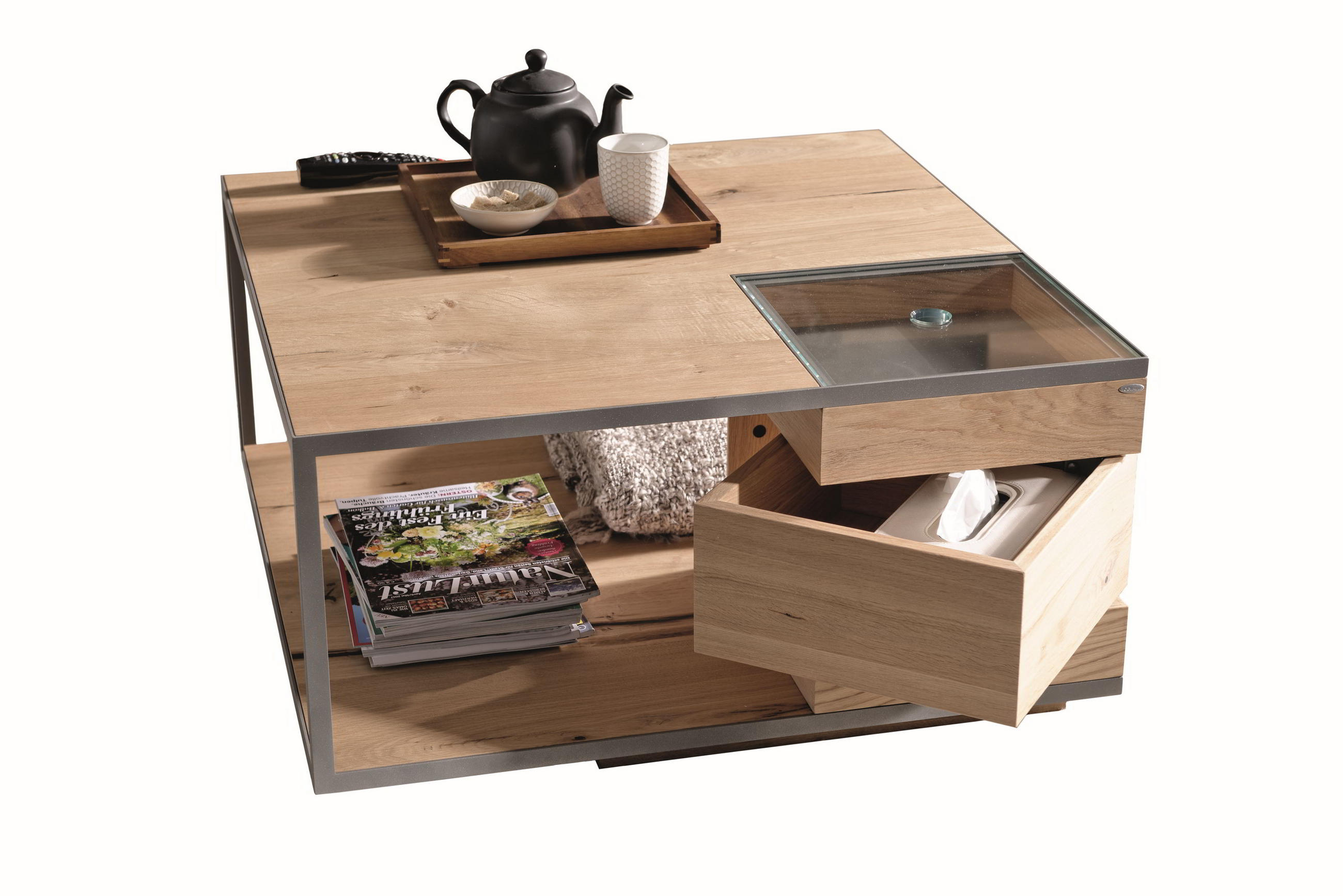 COUCHTISCH in Holz, Metall, Glas 80/80/40 cm  - Eichefarben/Anthrazit, Konventionell, Glas/Holz (80/80/40cm) - Voglauer