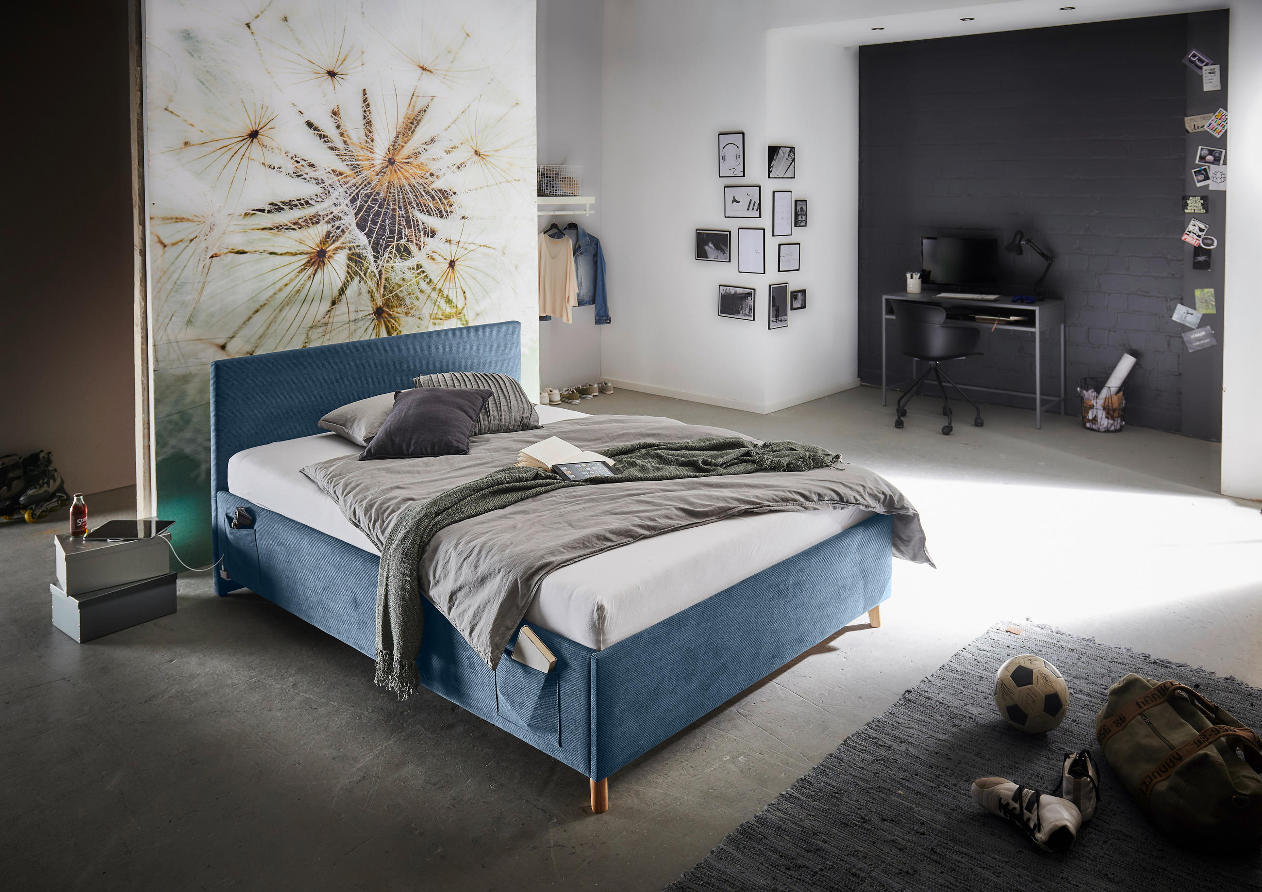 POLSTERBETT Lattenrost, Bettkasten Blau 140/200 cm  - Blau/Eichefarben, KONVENTIONELL, Holz/Textil (140/200cm) - Stylife