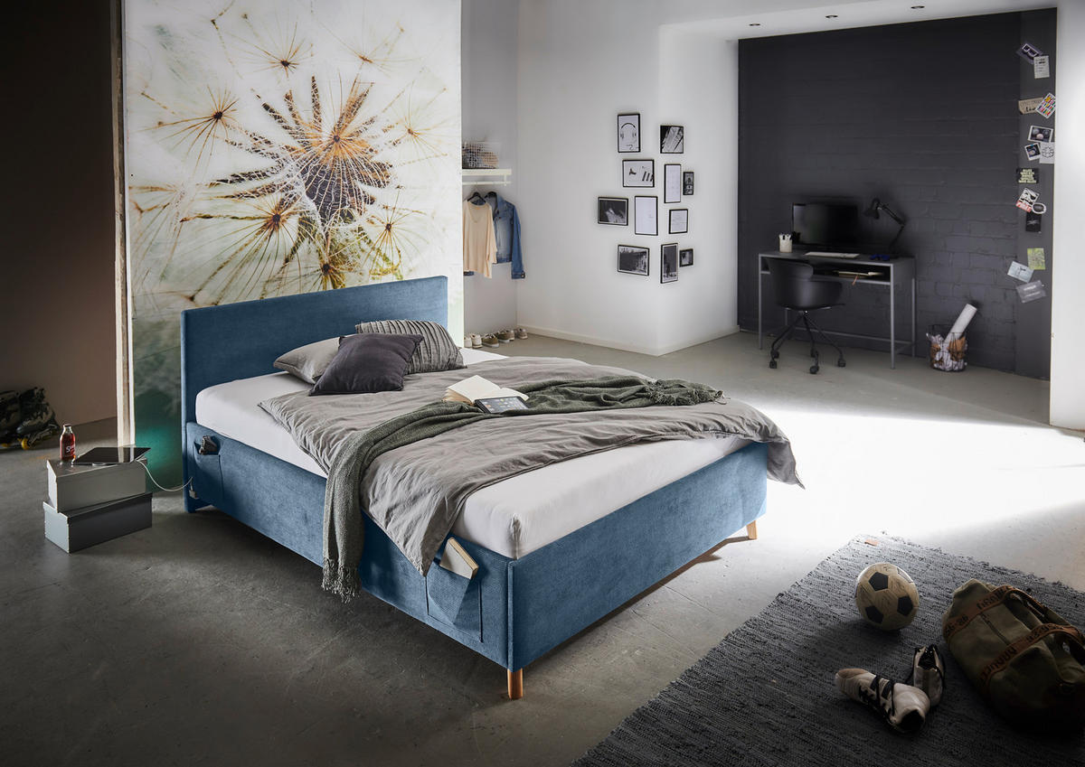 POLSTERBETT 140/200 cm  in Blau  - Blau/Eichefarben, Konventionell, Holz/Textil (140/200cm) - Stylife