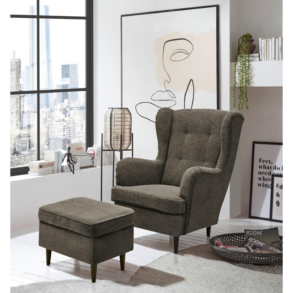Thumbnail - Carryhome Ohrensessel, Olivgrün, Schwarz, Textil, Buche, massiv, 78x102x98 cm, Stoffauswahl, Wohnzimmer, Sessel, Ohrense...