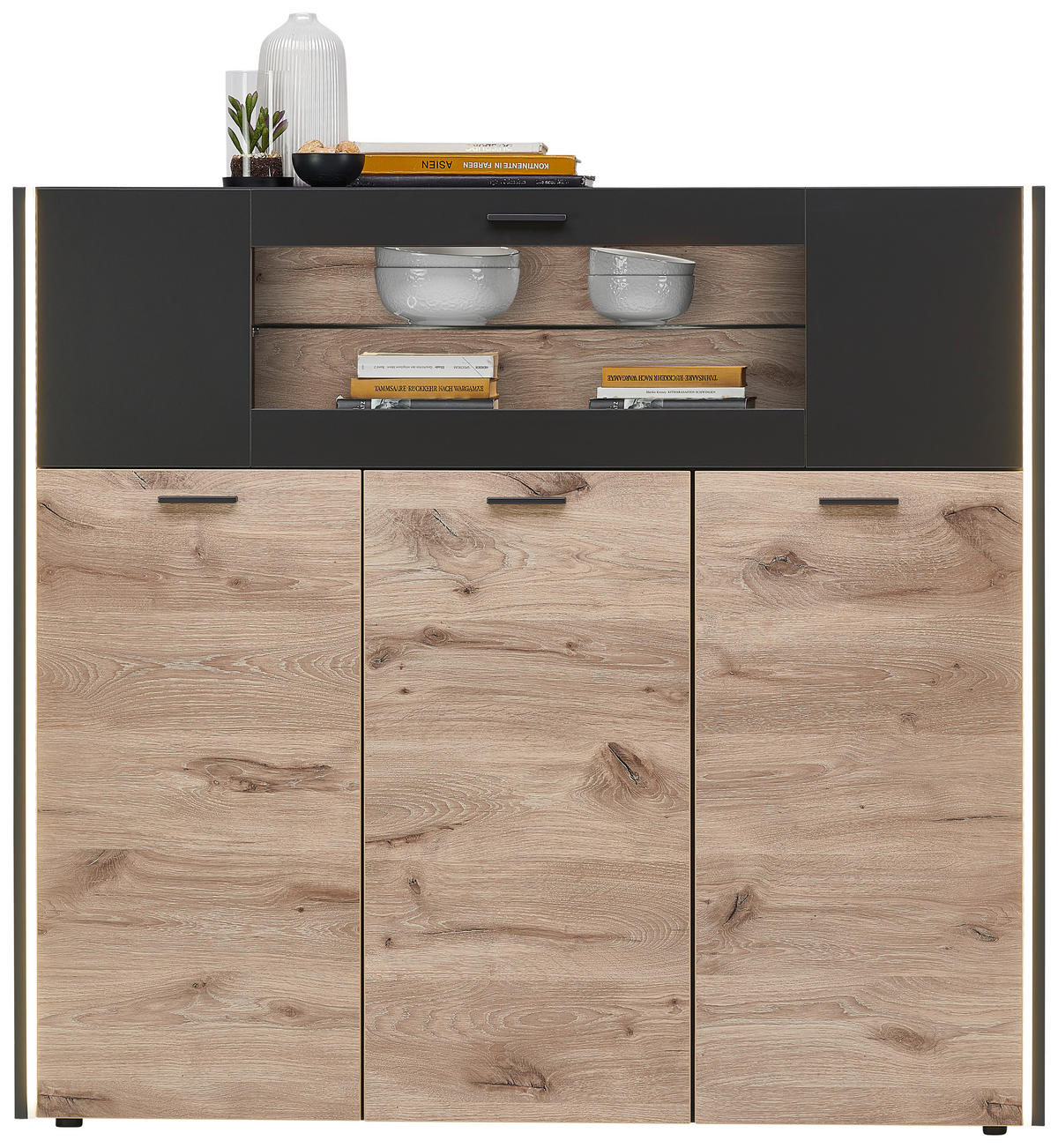FÉLMAGAS SZEKRÉNY 141/126/37 cm  - fekete/tölgyfa, Modern, műanyag/faalapú anyag (141/126/37cm) - Hom`in