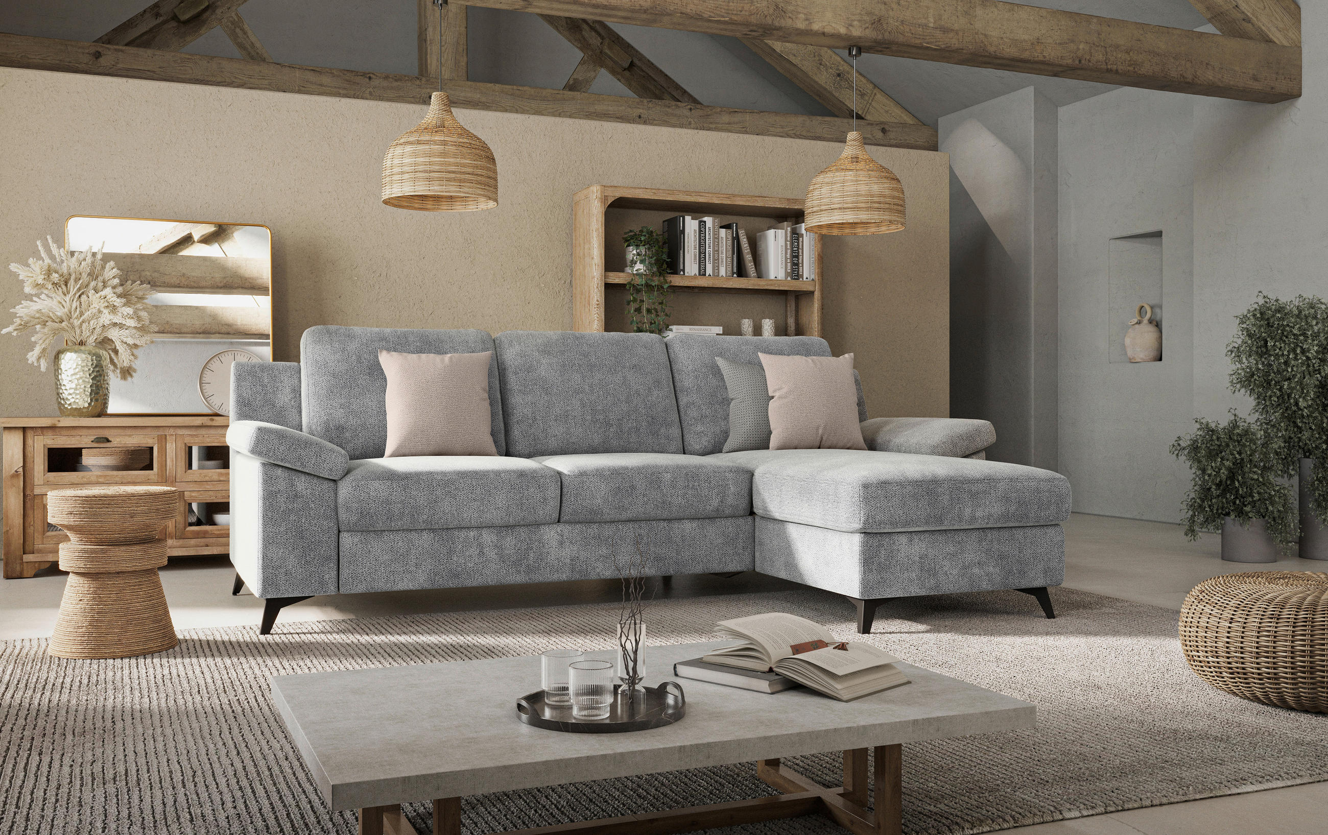 ECKSOFA in Chenille Grau  - Schwarz/Grau, KONVENTIONELL, Textil/Metall (245/156cm) - Cotta