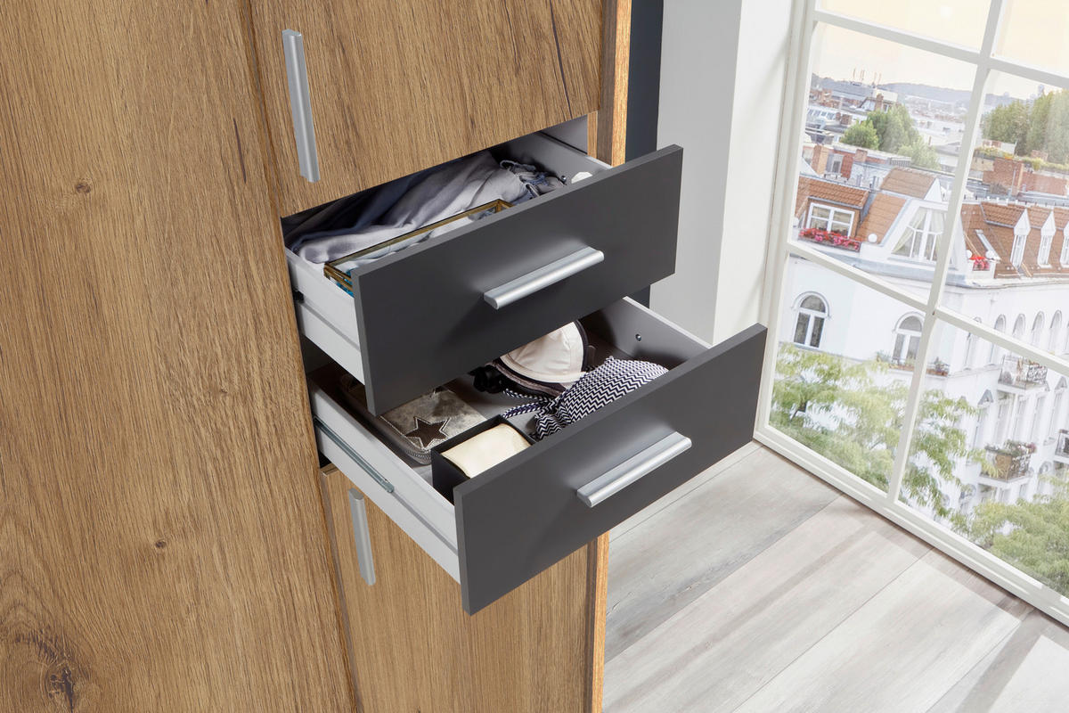 DREHTÜRENSCHRANK in Graphitfarben, Eichefarben  - Eichefarben/Silberfarben, Basics, Holzwerkstoff (225/208/58cm) - MID.YOU