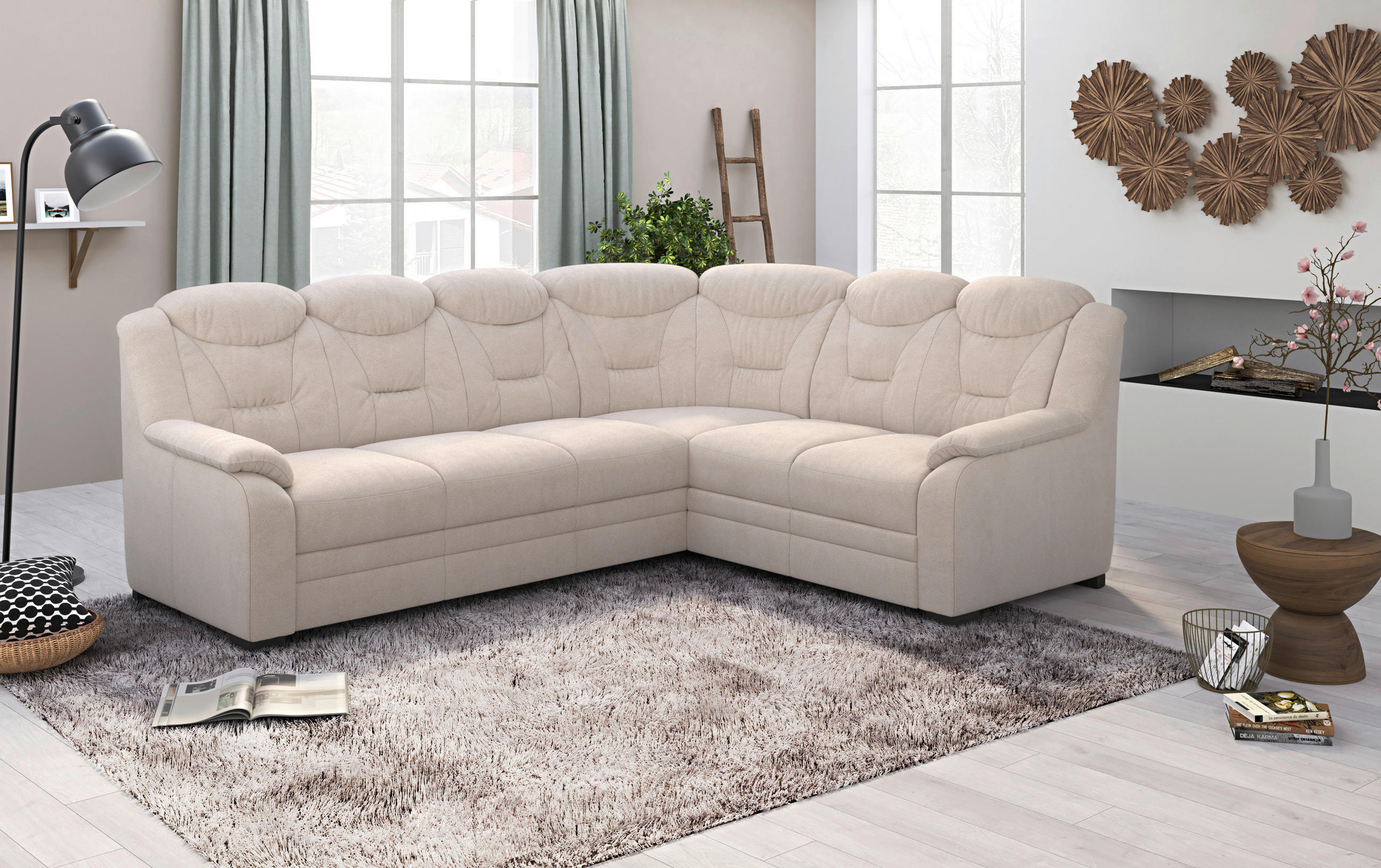 ECKSOFA in Chenille Beige - Beige/Schwarz, Basics, Kunststoff/Textil (263/211cm) - MID.YOU