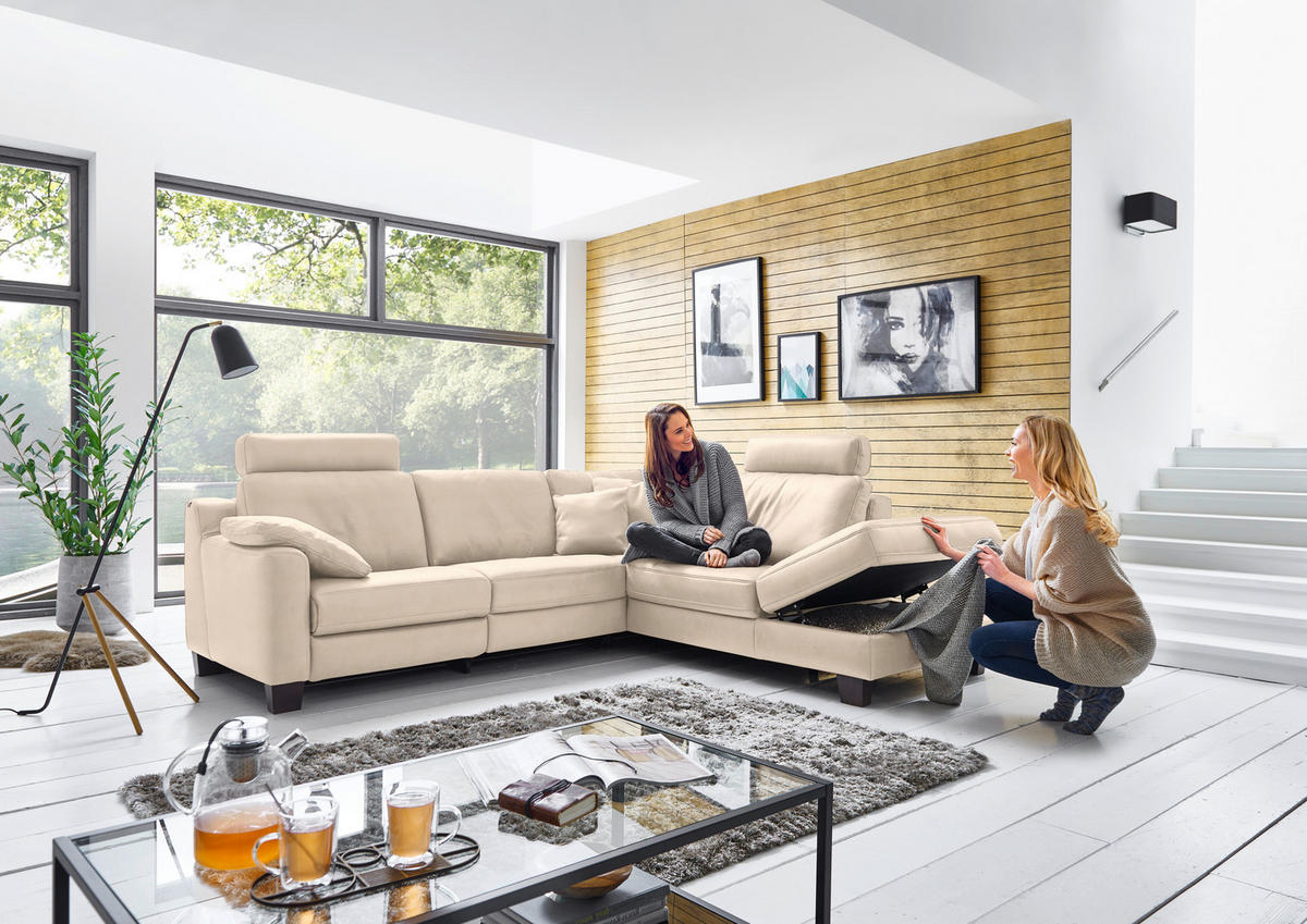 ECKSOFA in Echtleder Beige  - Eichefarben/Beige, Design, Leder/Holz (259/235cm) - Valdera