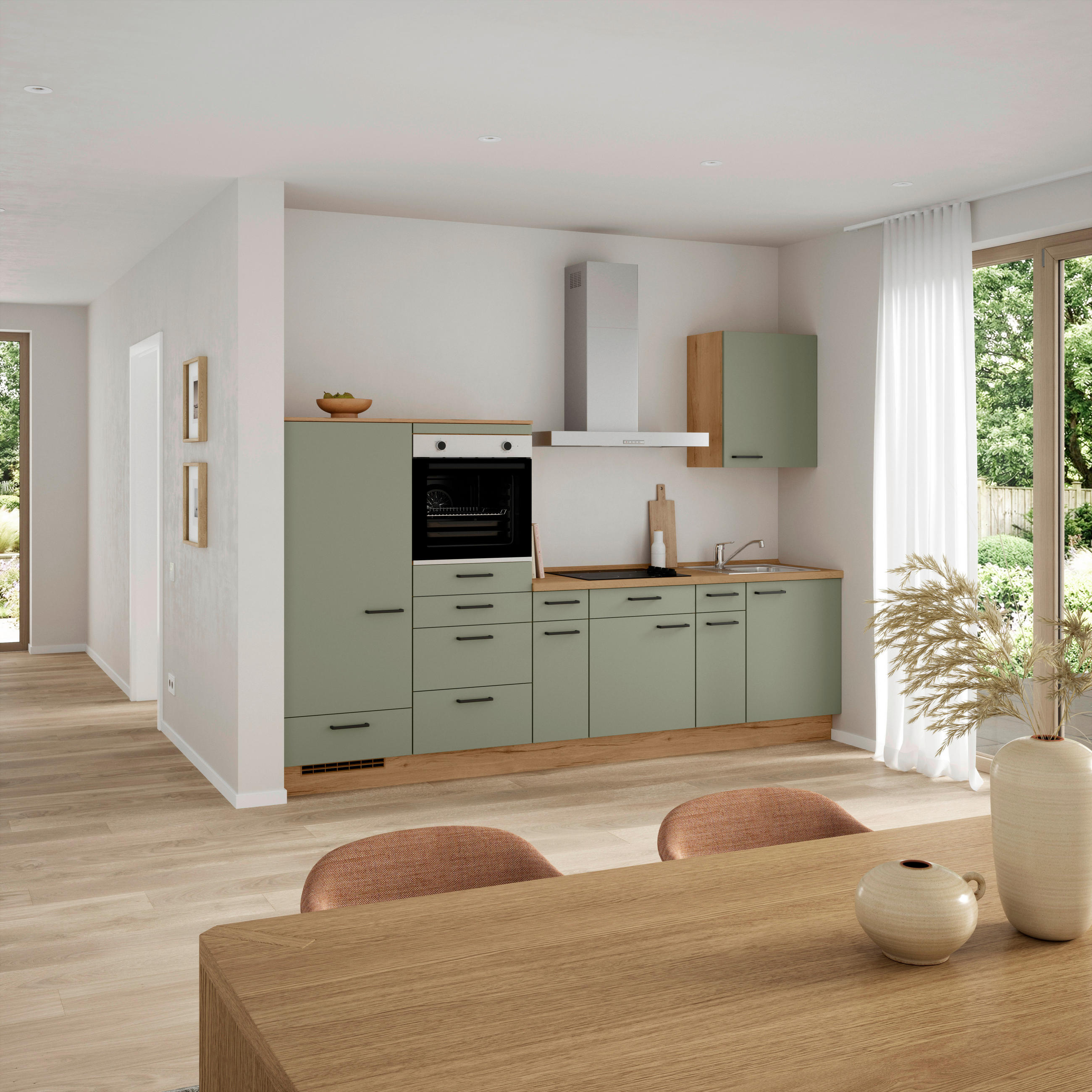 KÜCHENBLOCK Senso 300 cm  in Eichefarben, Olivgrün  - Eichefarben/Schwarz, MODERN, Holzwerkstoff/Metall (300cm) - Nobilia